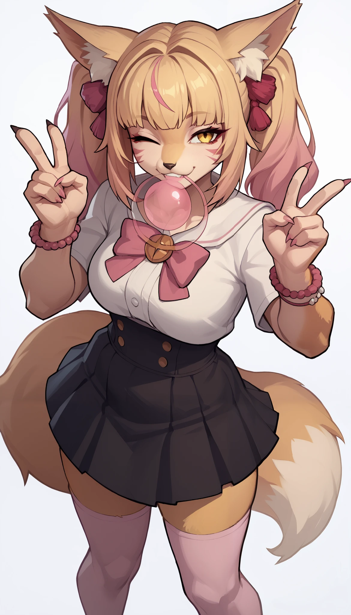 (zPDXL2), (PonyXLV6_Scores), source_anime, Expressiveh, full body shot, asymmetric image, BREAK
lhata4564,
Solo, Kimiko, Anthro, Anthro furry blonde fox girl, blonde fur, long blonde hair, hair in pigtails, pink highlights in hair, yellow eyes, winking, one eye closed, smiling, fox ears and tail, she is wearing white preppy blouse, black skirt, black pump boots, pink thigh high socks, pink bracelets, blowing a bubble with bubblegum, bubblegum bubble in mouth, playful sexy pose, standing, hands to her side, simple white background, holding up a peace sign 