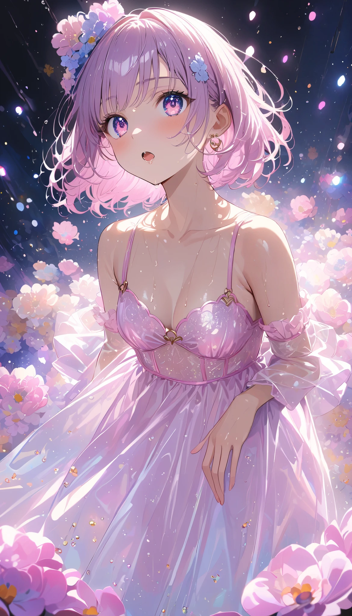 virtual anime, open your mouth, face, gradation bright transparent hair, (From directly below the work), a woman with a gentle expression, Soft white colored , Natural Light, bun short bob hair and smooth skin, Composition that emphasizes my breasts, saliva, Looking up with the naked eye, (heart pupils), (dynamic poses), sheer pink latex lingerie, Floral Hair Accessories, Delicate depiction of big eyes, shiny hair texture, ( High-quality masterpiece), ( young woman, Age 19, Alone, Wet, Perfect Eyes), (Aim carefully, small round gold earrings, Sheer Embroidered Lingerie, Particles of light, high detail, The Shining, bloom, Textured Skin, barefoot, Natural Light, (Mature), Particles of light, I can see through my hair, Wet, (Rainy flower field), rear view of posture