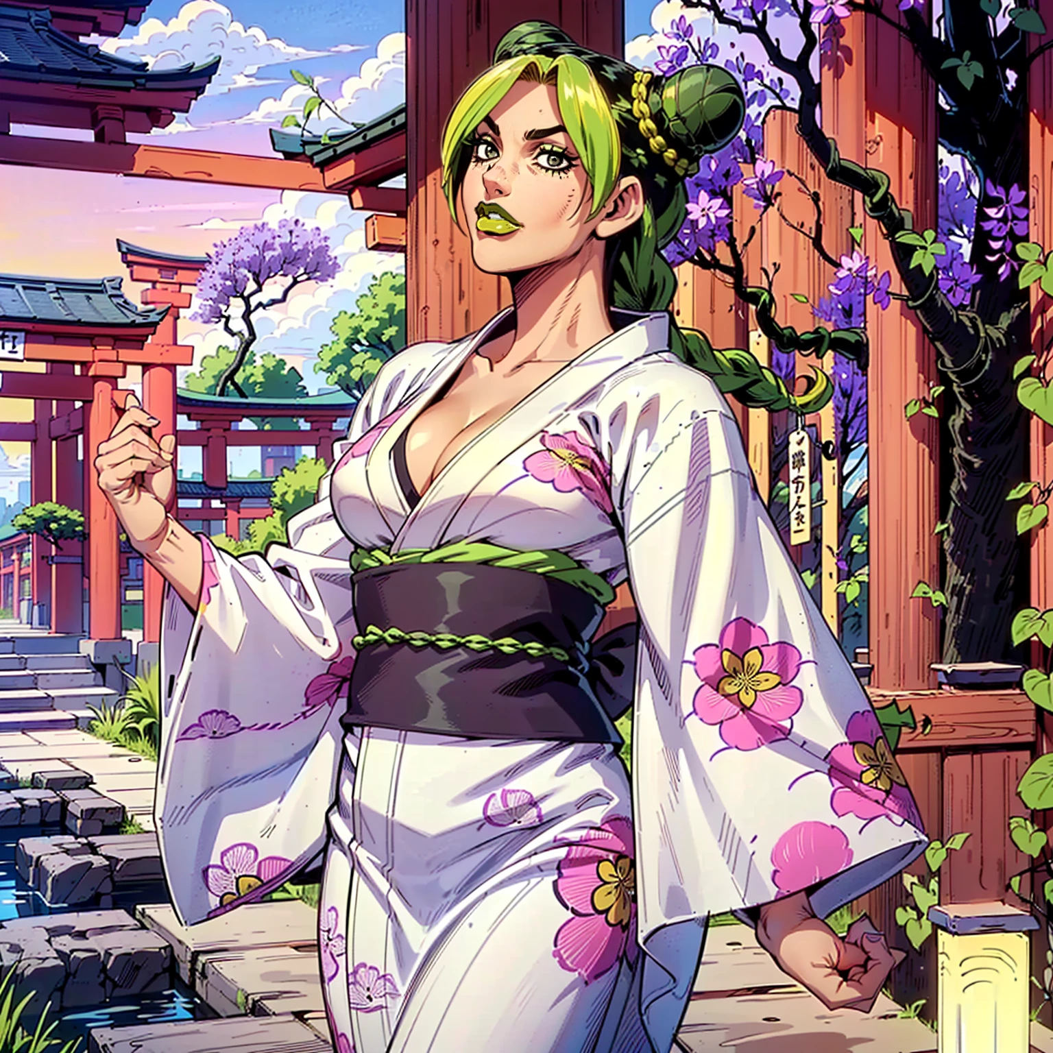 ((Masterpiece, 1girl, solo, alone ((jolyne, Jolyne_Anime, JolynCujoh, colored hair, green hair, yellow hair, hair bun, braided hair, black eyes)), Smug)), ((pink lipstick, Extremely detailed, ambient soft lighting, 4k, perfect eyes, a perfect face, perfect lighting, a 1girl)), ((fitness,, shapely body, athletic body, toned body)), ((kimono, Yukata, Japanese garden, Japanese temple, forest, torii, trees, city in the background, red lipstick, clouds, smug, printed kimono, jacaranda trees, night, neckline, cleavage))