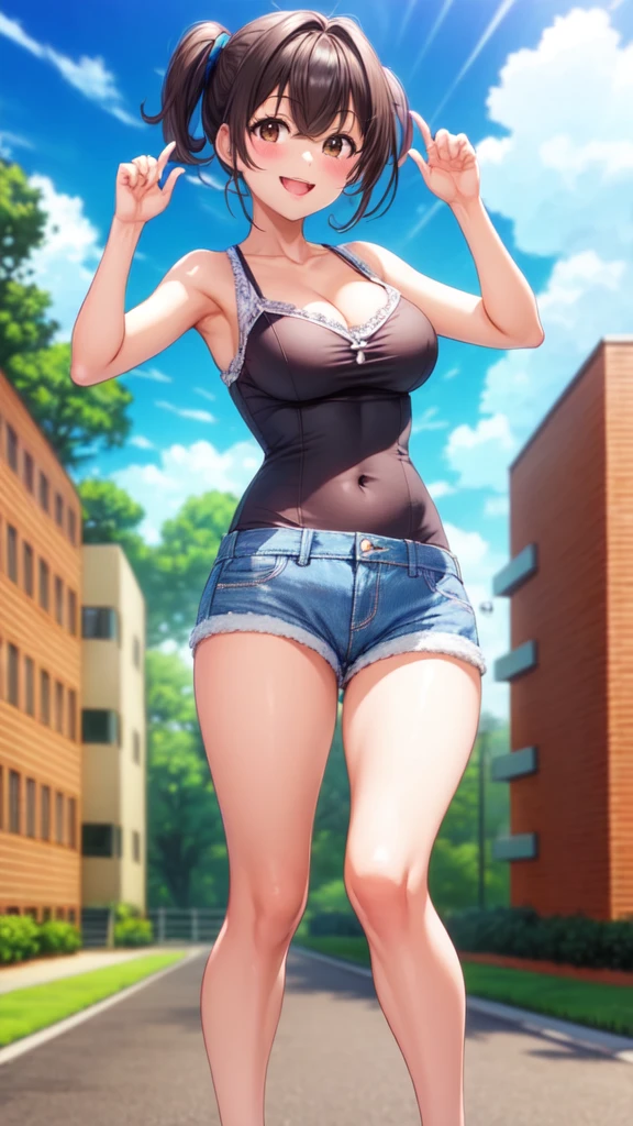 masterpiece, best quality, high quality, girl, solo, looking at viewer, ryuuto_kashima, black hair, brown eyes, sports dress, sleeveless, cleavage, denim shorts, medium breasts, standing, , outdoors, smile