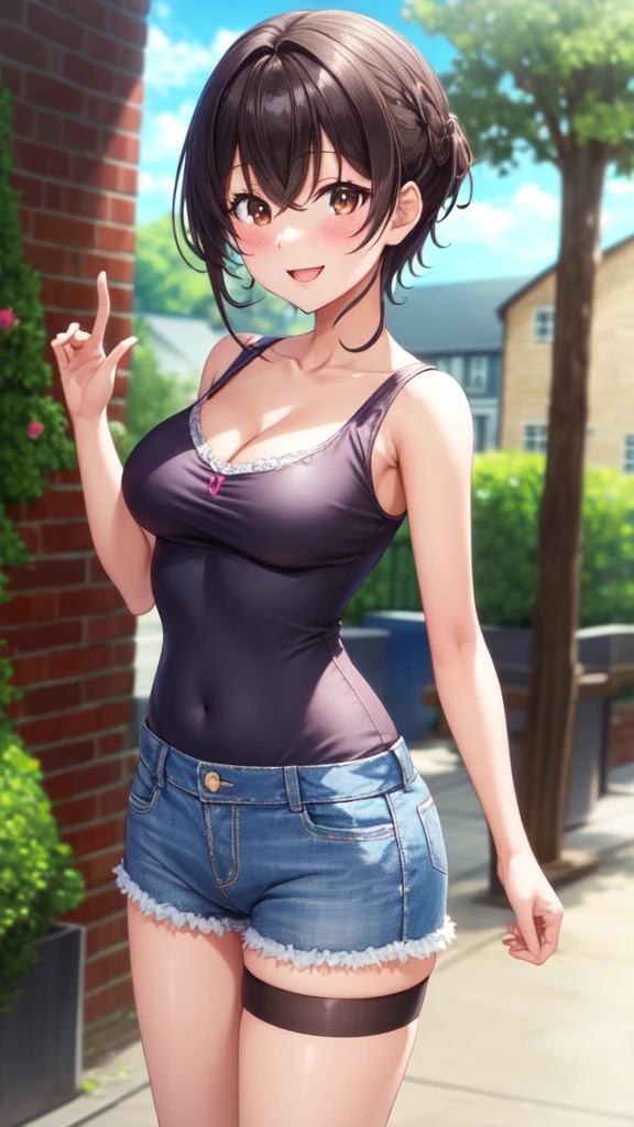 masterpiece, best quality, high quality, girl, solo, looking at viewer, ryuuto_kashima, black hair, brown eyes, sports dress, sleeveless, cleavage, denim shorts, medium breasts, standing, , outdoors, smile