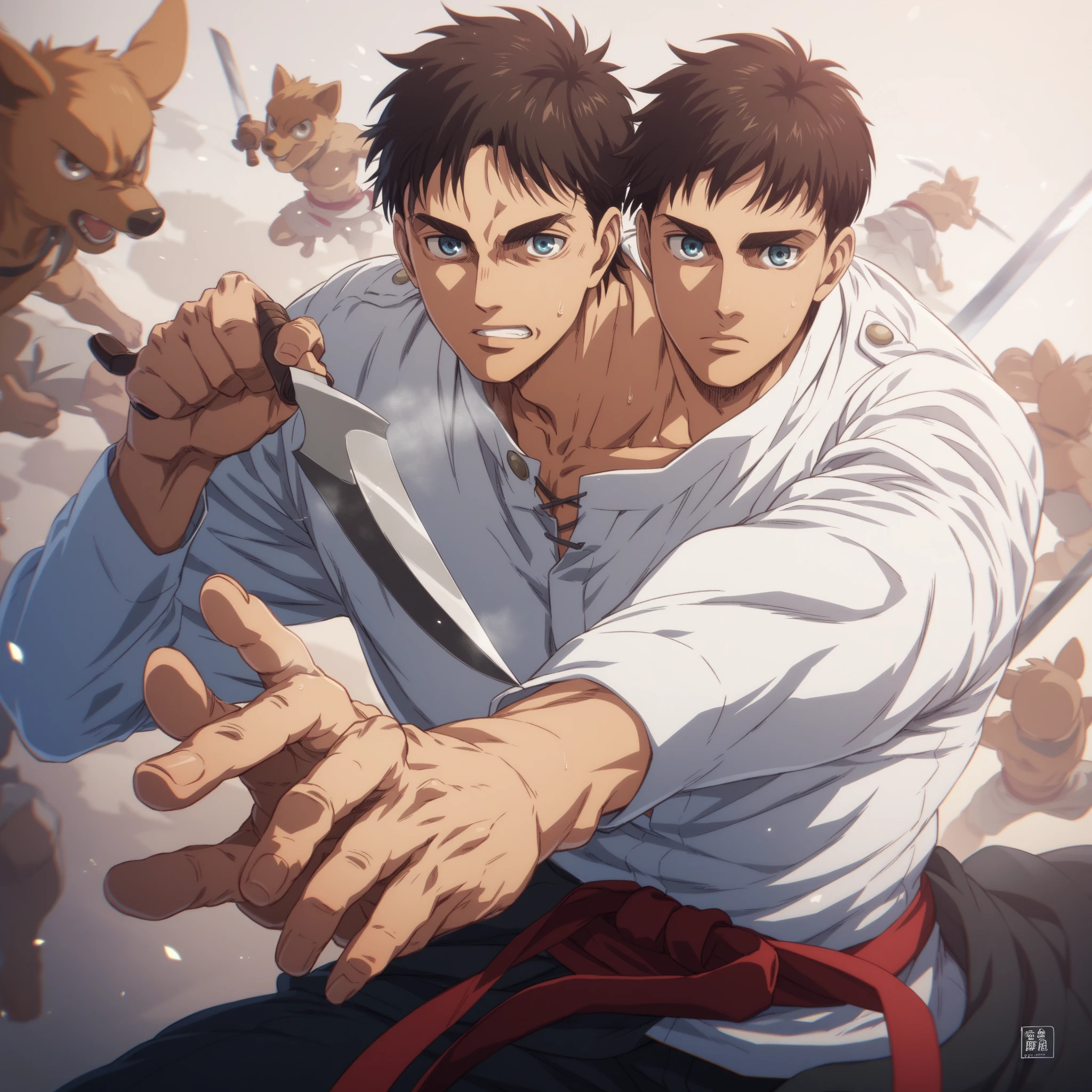 anime 2d, best quality, Eren Jaeger, man, best Definicion,  muscular body ,  a tight long sleeve shirt black ,  loose fitting white martial arts pants,  a red belt around the waist ,  tai chi sneakers on the feet , high resolution,  masterpiece , anatomically correct, Details altos, Looking at the viewer, Preciso, UHD