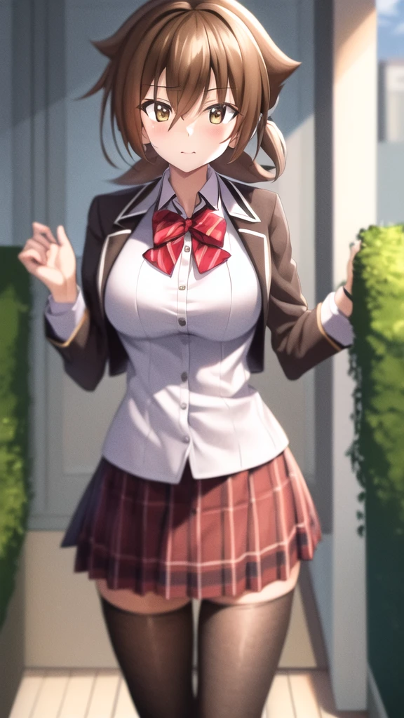 masterpiece, best quality, highres, looking at viewer, girl, solo, issei_hyoudou, brown hair, brown eyes, hair between eyes, large breasts, red bow, striped bow, blazer, blue jacket, long sleeves, plaid skirt, Brown skirt, black thighhighs, outdoors, cowboy shot, standing, looking at viewer,