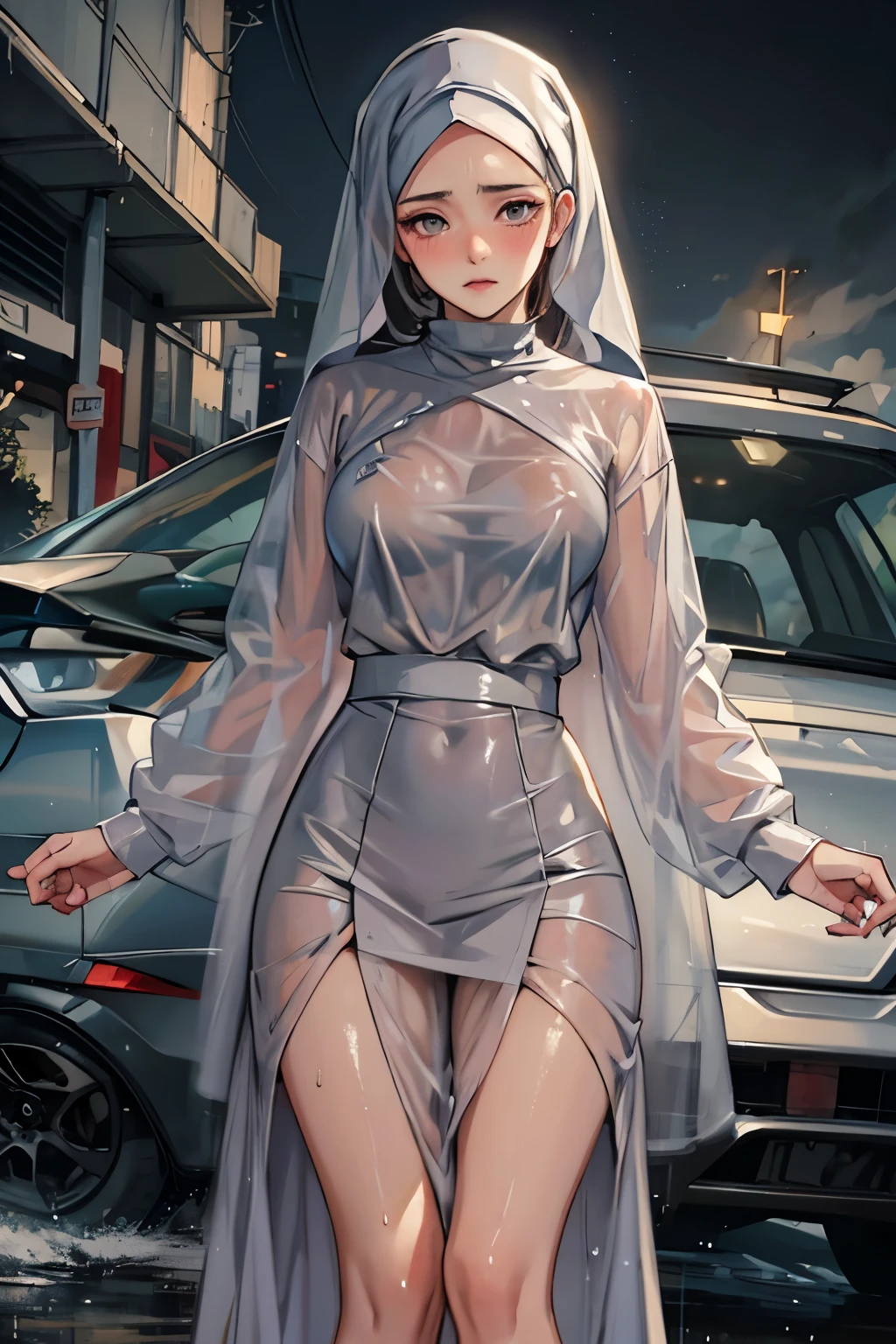 masterpiece, hyper-realistic, 20 years old, young lady, wet hijab, wet long shirt, wet long skirt, transparent, dark cloudy, after rain, car park store outside, sfw, sad, blush