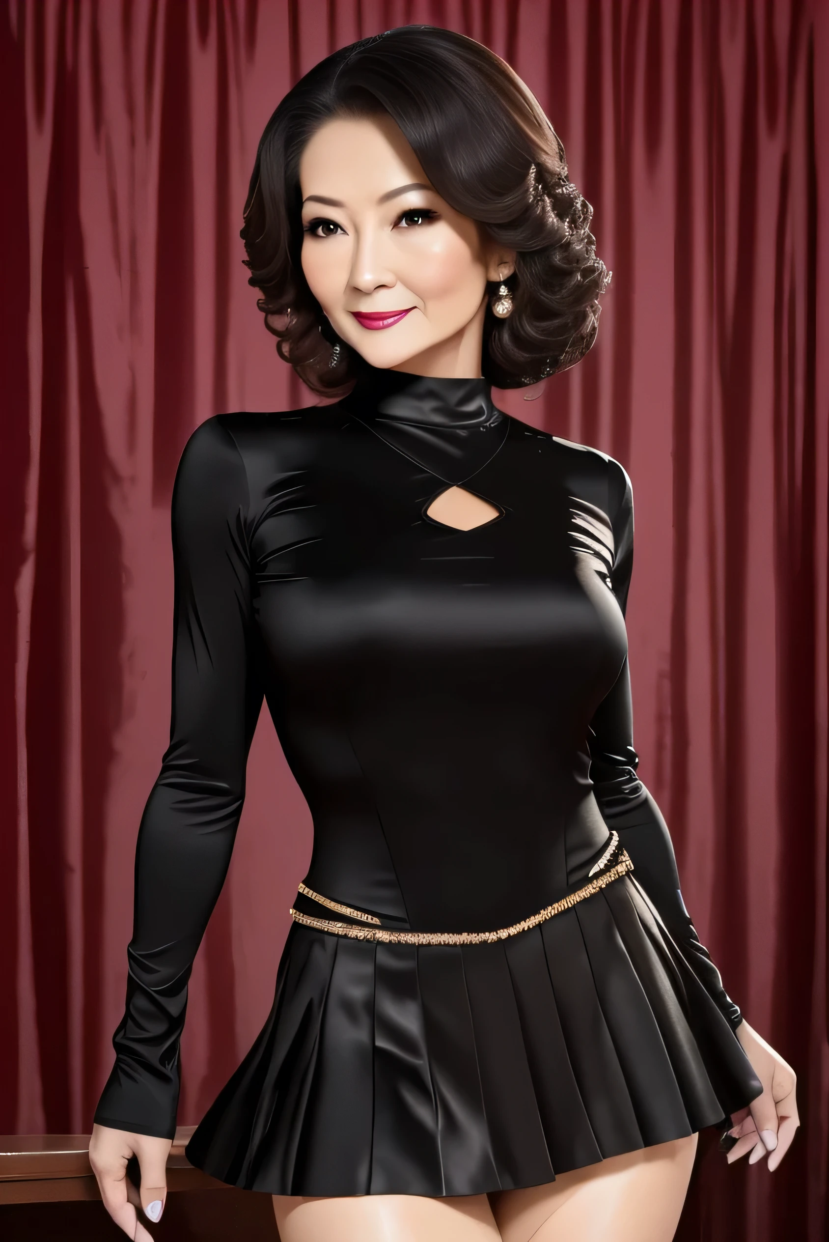 Figure Skater Masterpieces , high res, realistic , Sexy old woman, Figure Skating Black Costume with Skirt(( sexy figure skaters )) RAW photo, 8k wallpaper, perfection, Big Breasts,Red lipstick, sexy mini dress , take a closer look at professional lighting , long hair, very detailed , (( Beautiful Aunt)), 80 years old, Sexy old woman, (( sexy figure skaters )), upper body, (( Viewer shooting 'eye)), Detailed Faces at Night , Beautiful eye, ((I' I'm looking forward to it )), In the stylish dining room, sunny, bangs, Shapely breasts, long hairヘア, Plump and Shiny Lips