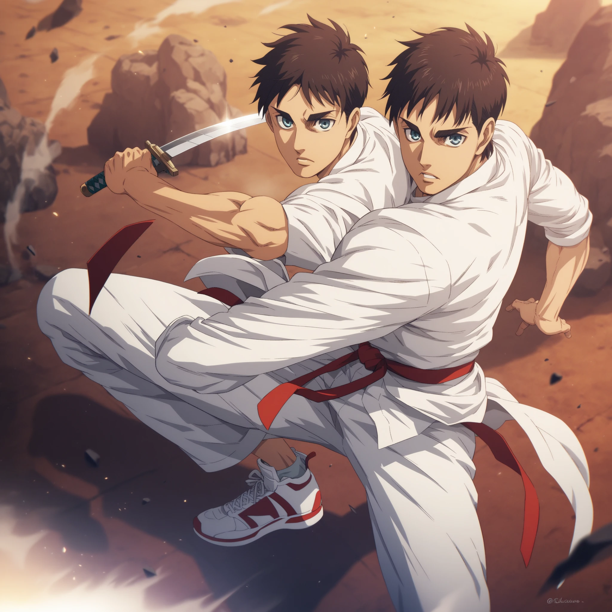 anime 2d, best quality, Eren Jaeger, man, best Definicion,  muscular body ,  a tight long sleeve shirt black ,  loose fitting white martial arts pants,  a red belt around the waist ,  tai chi sneakers on the feet , high resolution,  masterpiece , anatomically correct, Details altos, Looking at the viewer, Preciso, UHD, Solo