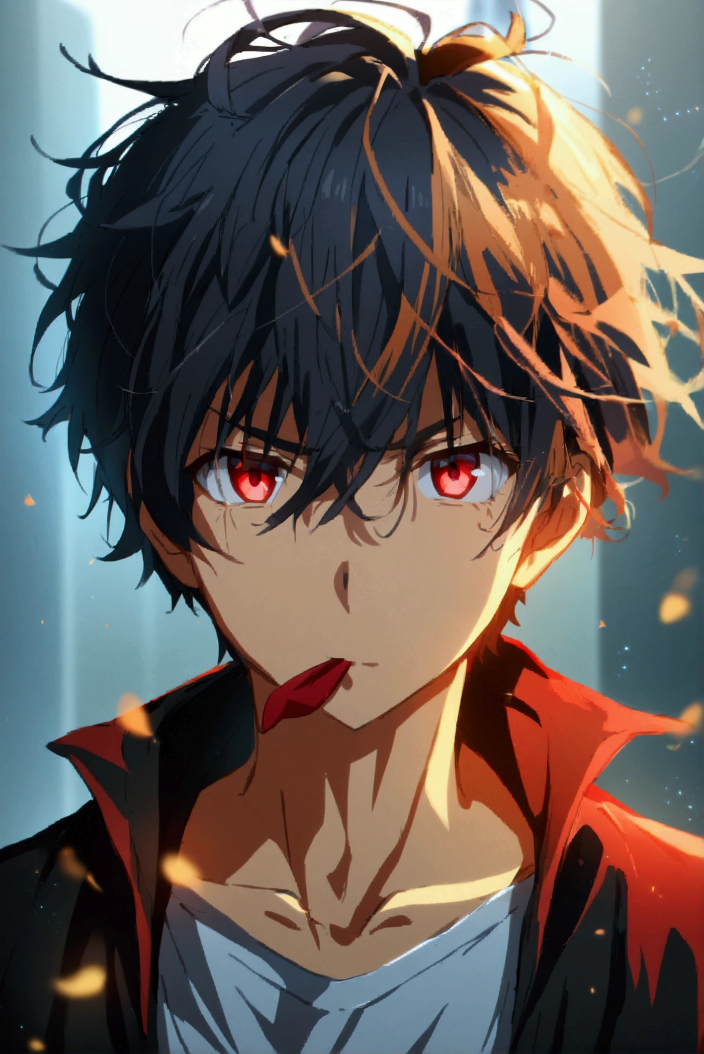 1boy, holding his hand over his mouth, Solo,Red Eyes, High Resolution, Masterpiece, Bangs, Closed Mouth, Mouth Hold, Serious, Covering Mouth, Simple background, Anime, Anime Style, 