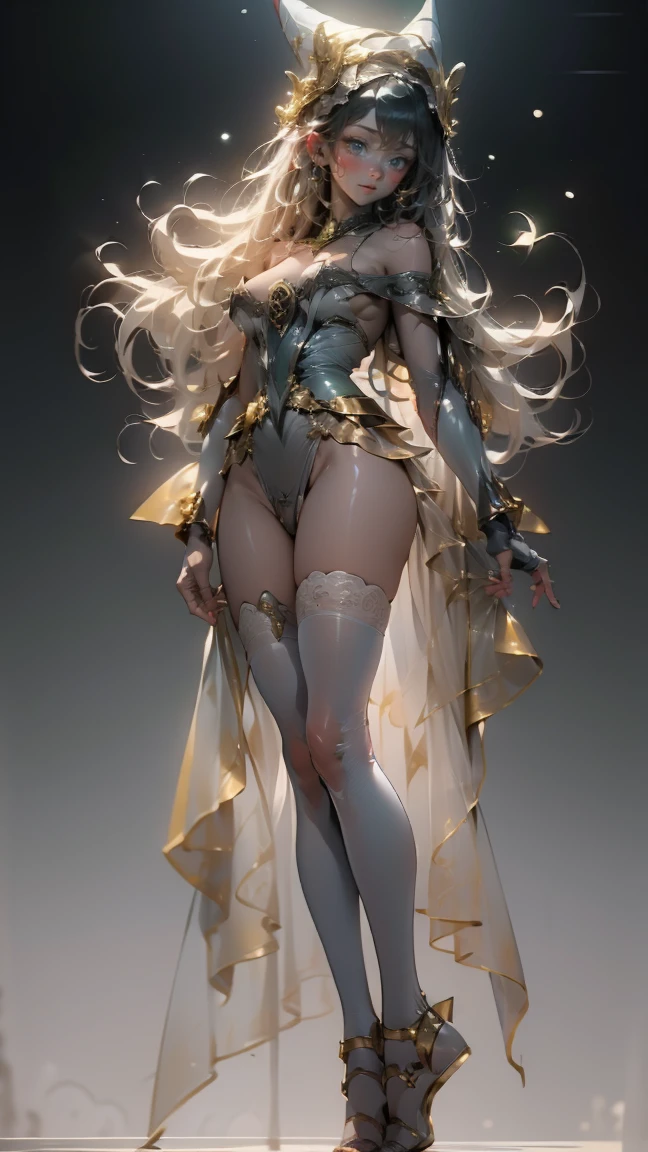  darck Magician girls dressed in white costumes and bright gold like Christmas. She has golden hair .  green eyes. blush on cheek.  She has a white Christmas hat .  Her dresses are red and bright white .  she wears black stockings . She has gold heels .  full body shot.  She's standing . pose sensual. 