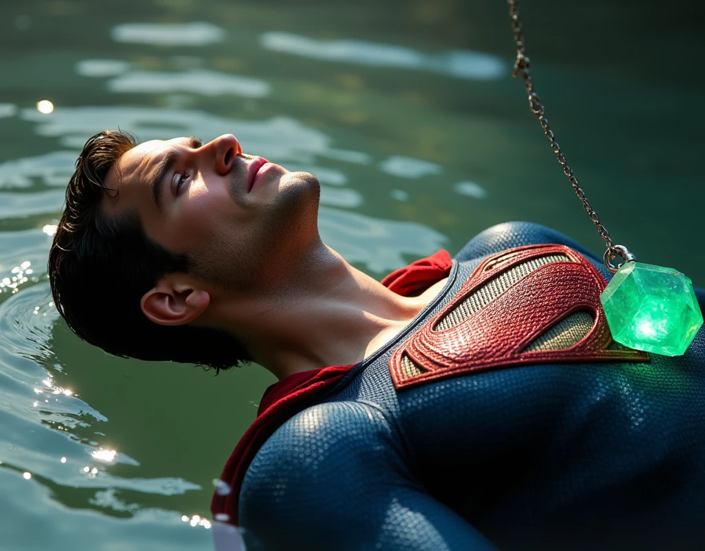 a muscular attractive h3nr4, Henry Cavil with Short stubble, muscular thighs, Shirtless, illuminated by bright, natural light, wearing a Superman suit, eyes closed, dressed with a blue Superman costume lying on back on water, in pain. a glowing emerald green crystal pendant hanging around his neck. 