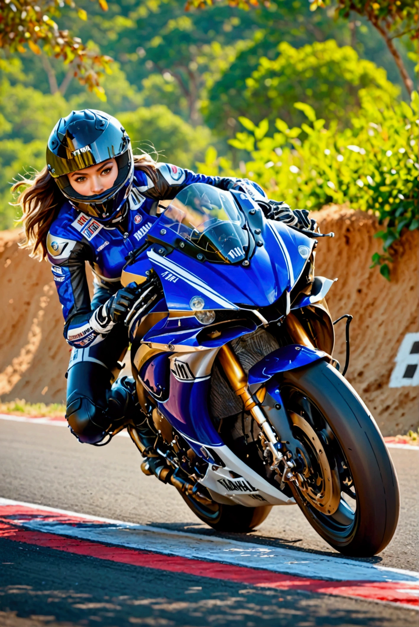 ONE GIRL RIDING A YAMAHA YZF R1M, glossy brown skin, small breasts, full body, very detailed face, Lip details, beautiful eyes, double eyelid, 4K, masterpiece., ACTION PAINTING, best quality, MotoGP cornering 