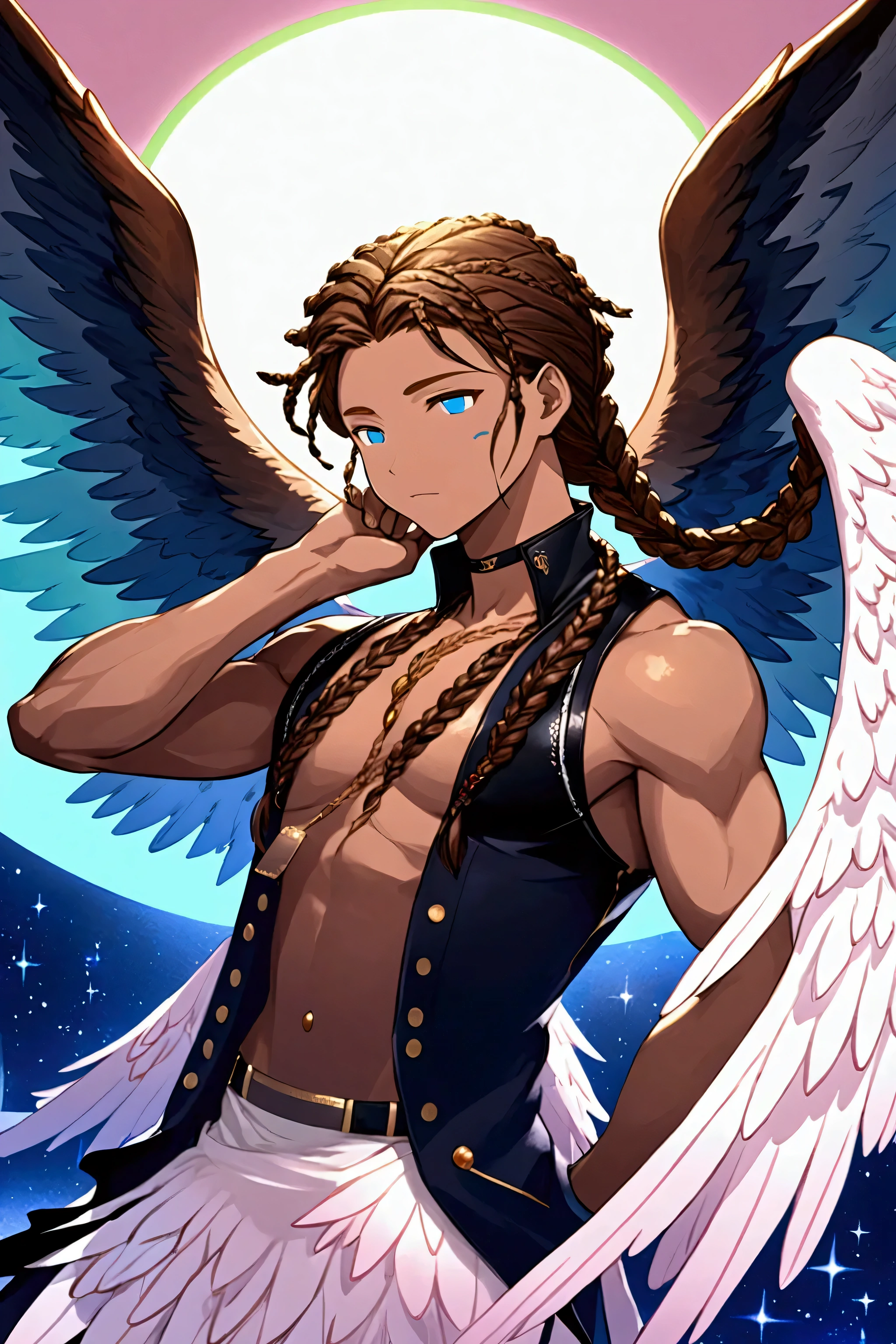 Black man with light brown eyes and braids in his hair, And with big angel wings