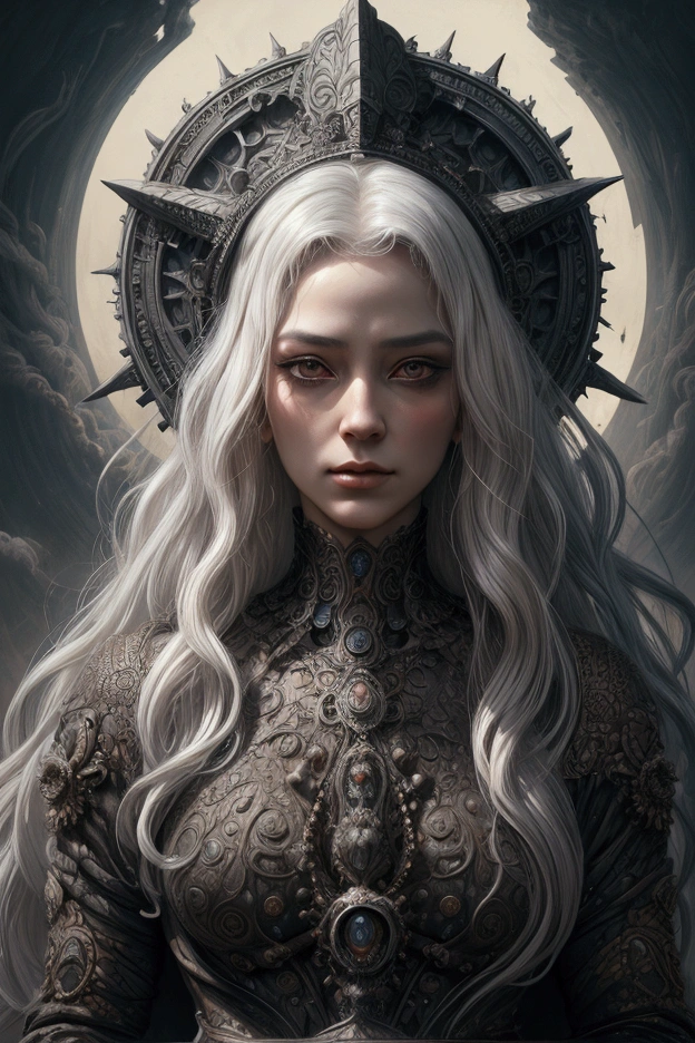 young queen with bangs, white hair, nordic mythology, dark atmosphere, greyscale, detailed linework, cinematic, psychedelic, black paper with vibrant bioluminescent line work, ornate, symmetrical, queen's card, tarot card, highly detailed, ink illustration, style of luis royo,
