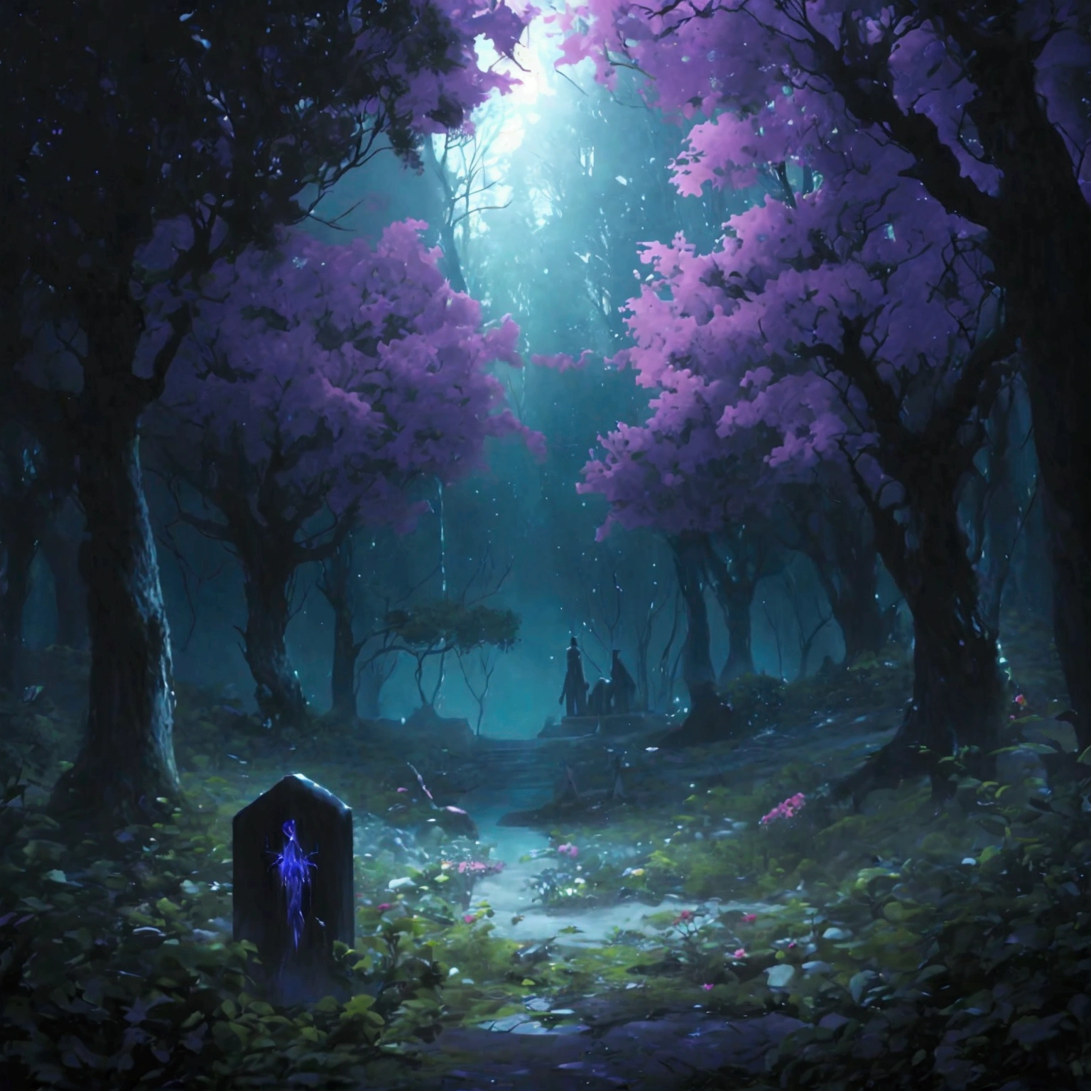 Beautiful real forest with one grave top angle view real, dark atmosphere, dark world, anime vibe, The theme is mystical, mysterious and dark, with elements that evoke a parallel or supernatural world. Use dark and cool colors, como negro, purple, blue and shades of gray, to create an atmosphere of mystery and suspense. The art should convey the feeling of dark adventure and the transition between the two worlds