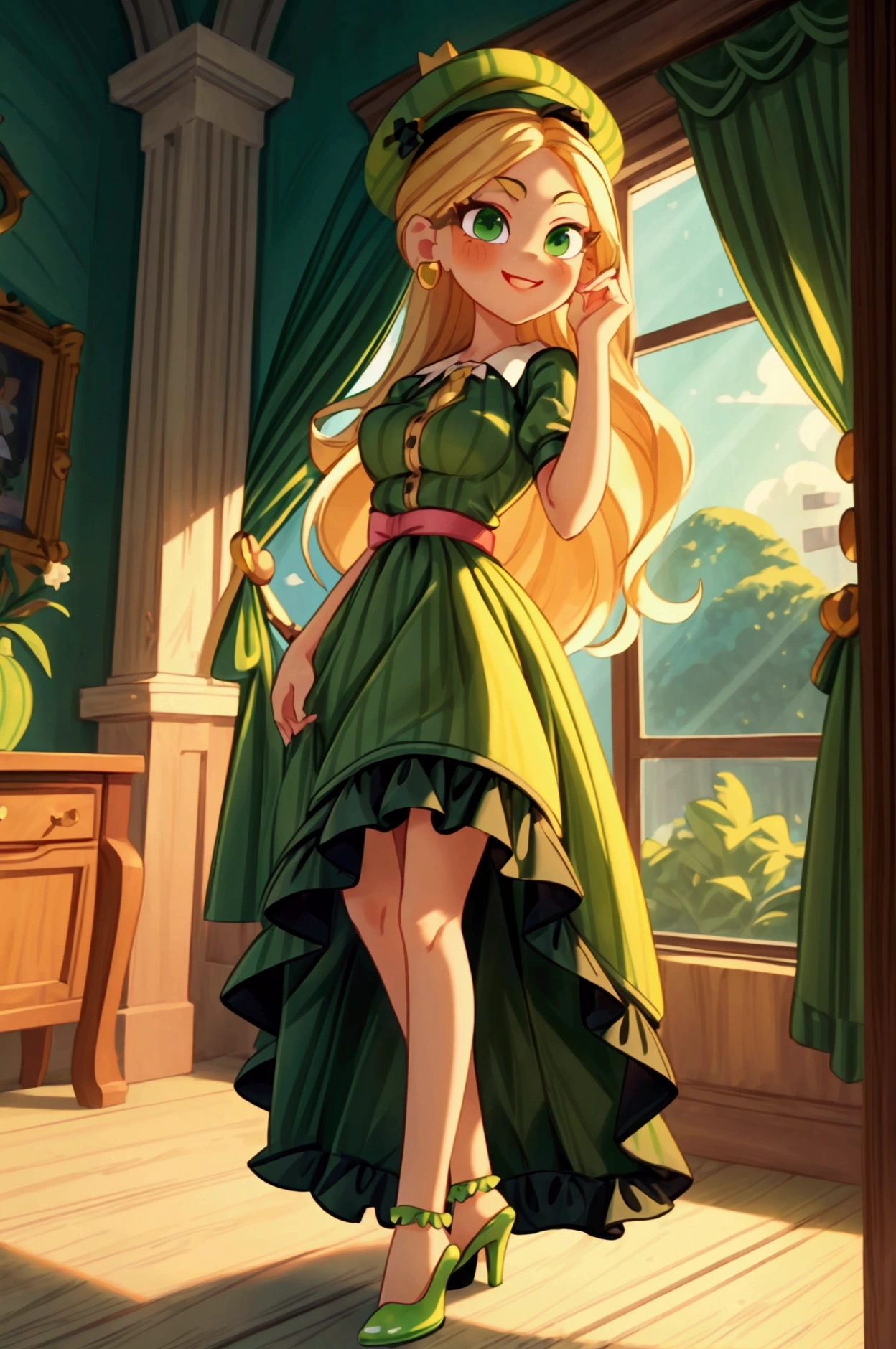 (masterpiece, best quality) 1 girl(Landscape: standing, indoor, intricate detail, sunlight) (Outfit: black and green frilly striped dress, high heels, earrings, beret) (Body: white blonde long hair, green eyes, teen gorgeous body, gorgeous legs, pronounced breasts, lovely) (Expressions: smiley face, sexy pose, coquette)