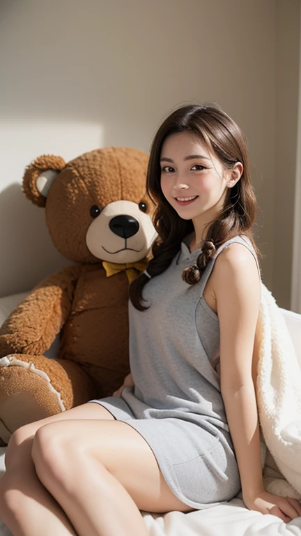 Cute cuddling with a teddy bear on her bed in her bedroom