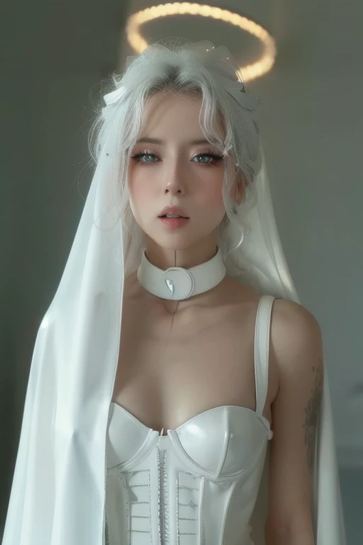 virgin mary, bdsm, leather,  white hair , white veil ,  white leather pants, Sosten de leather blanco  , halo, dog collar,  pink eyes , sensual, youthful, rostro de la virgen maria, cabello rizado, 