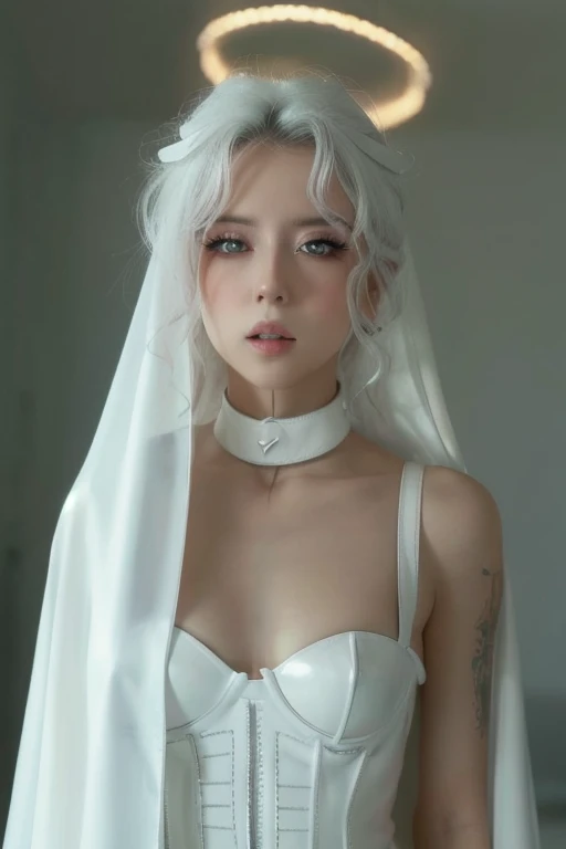 virgin mary, bdsm, leather,  white hair , white veil ,  white leather pants, Sosten de leather blanco  , halo, dog collar,  pink eyes , sensual, youthful, rostro de la virgen maria, cabello rizado, 