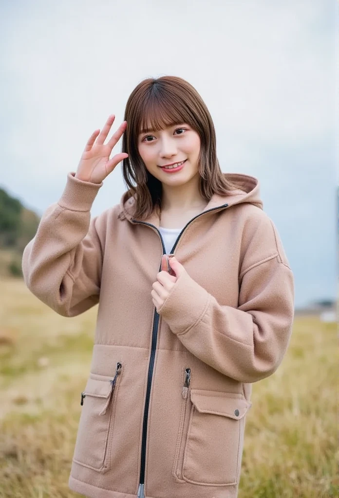 (8k, RAW photo, best quality, masterpiece:1.2), (realistic, photo-realistic:1.4), (extremely detailed 8k wallpaper),
perfect female body, toned,
famous Japanese idol, 20yo girl,
korean model,
medium short hair, messy hair, light brown hair,
hoodie, goddess-like happiness,