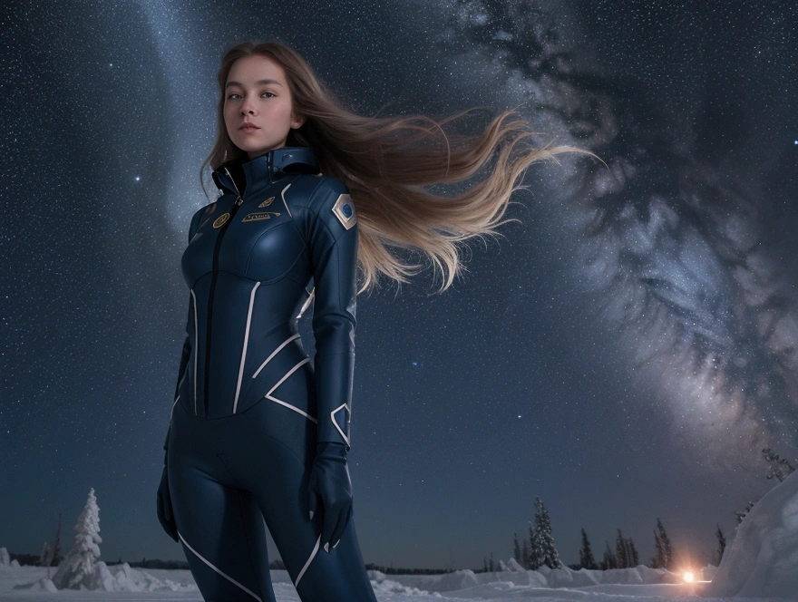 1girl, solo, light blue eyes, brown hair, holding a crossbow, (HP: 1), running under the starry sky, full body, white|infrared suit, dullyarts, dust background details, eye details, ore disease lesions\(tomorrow Ark\), (realism: 1.4), official art, unreal 8k wallpaper, super detailed, beautiful and aesthetic, masterpiece, best quality, (dynamic angle: 1.4), (floating colorful sparks: 1.2), elegant, vivid color, romanticism,