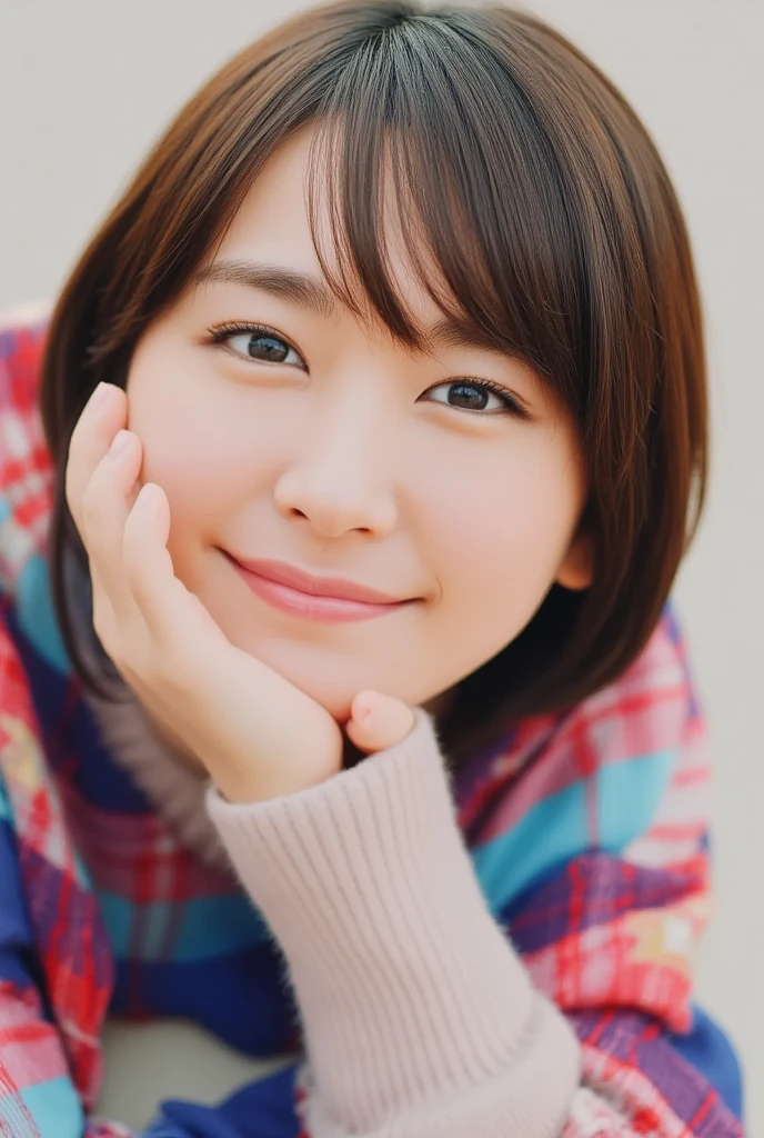 (Look directly at the audience:1.5),(大きなsmile:1.2)32K,   Masterpiece ,  RAW photos ,  best quality,  realistic , Highly detailed CG Unity 32K wallpaper,  Written Boundary Depth, Cinematic Light,  lens flare,  ray tracing, (  very beautiful face  ,  beautiful lips,   beautiful eyes ),  The intricate detail of is sitting on the face , (( Highly detailed skins ))  1 girl, Deep shadow, The cutest Japanese girls,  super idol ,  1 girl,(smile:1.3),  clear eyes,  Front Shot , ( pale skin), ( big eyes:1.2),  and sit , ( brown hair),  thick thighs, ( Japanese school uniform :1.1),(Double rainbow color:1.3), has long eyelashes,( white panties:1.2), Balanced and Graceful Face,(Small Mouth:1.1),Droopy eyes, Plump butt,  big hips