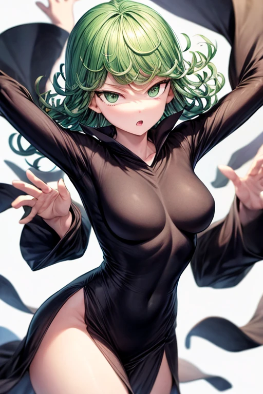 (1 girl, Alone, Masterpiece, 4k,  Best Quality:1.2, (cowboy shot), Best Quality:1.2, good hands, showy, (perfect hands, perfect anatomy)), 
Tatsumaki, micro bikini,  tight dress, neckline, ((small breasts, medium hips, looking at the viewer)),  pelvic curtain, latex,  short hair, green fur,  (((arms up, hands lifting your clothes, hidden hands))), 
((simple background, White background)), from avajo,