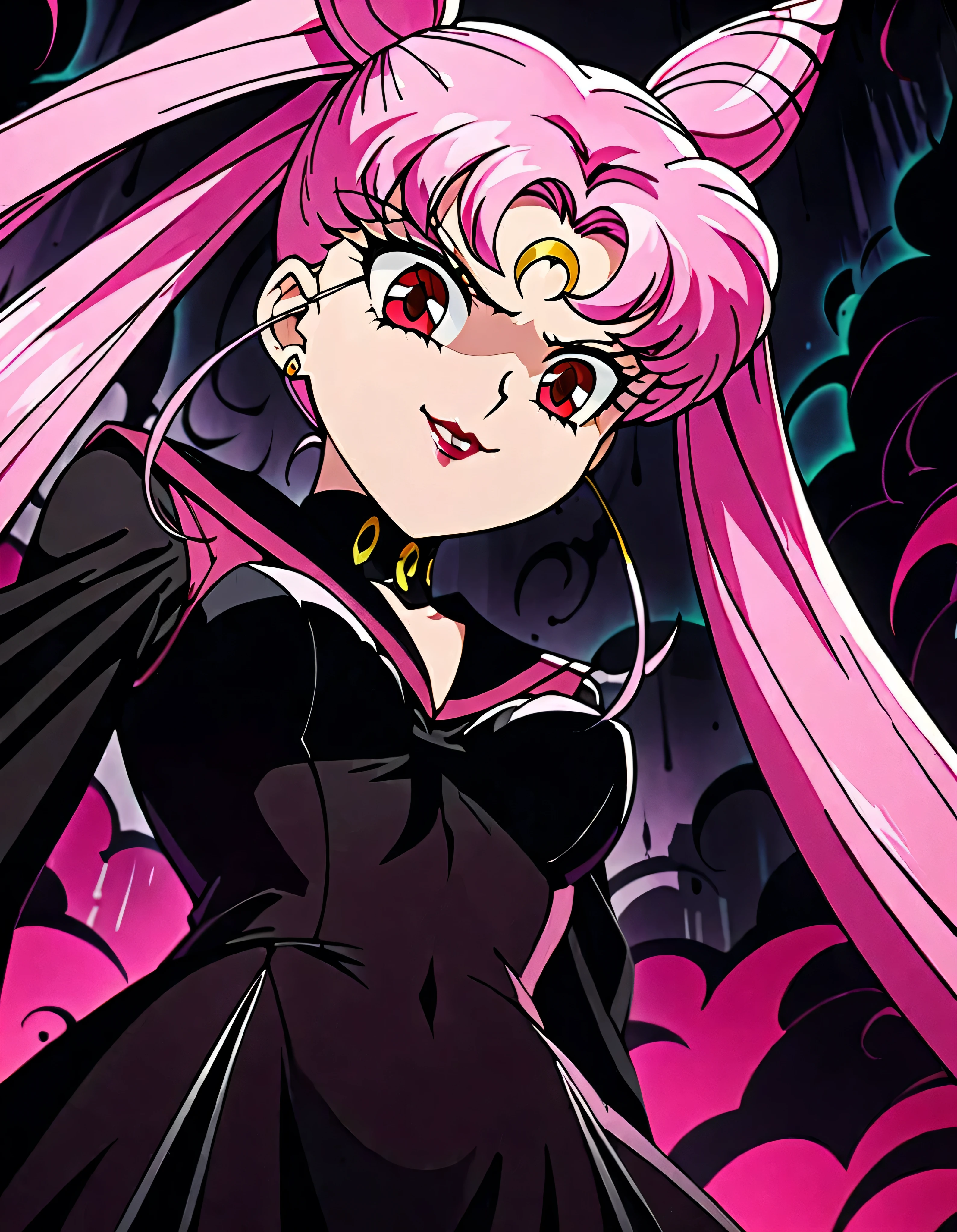 Sailor Moon Wicked Lady, Pink Hair, Red eyes, , Black Crescent Moon Mark on Forehead , very evil smirk,beautiful body,shaded face(eyes in evil shadow),((masterpiece,best quality)), absurdes,black dress,upper body,beautiful face,,looking down at viewer,twintail,,Sadistic ridicule,look down,looking down at viewer, ,,from below,close up,Dark Side、Alone.1girl、darkness,wander,cyberpunk,evil and huge black ink swirl background,