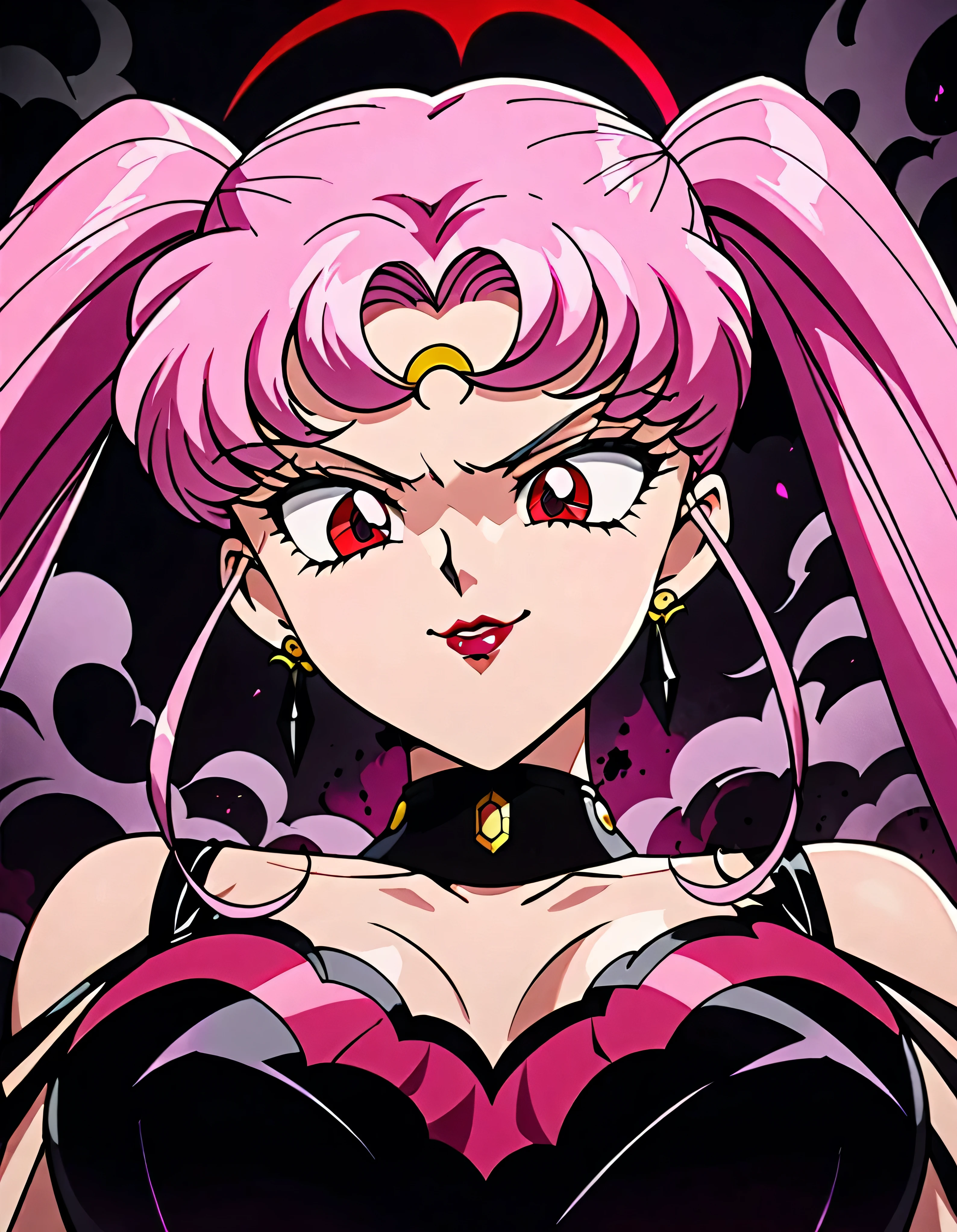  Sailor Moon Wicked Lady, Pink Hair, Red eyes, ,  Black Crescent Moon Mark on Forehead , very evil smirk,beautiful body,shaded face(eyes in evil shadow),((masterpiece,best quality)), absurdes,black dress,upper body,beautiful face,,looking down at viewer,twintail,,Sadistic ridicule,look down,looking down at viewer, ,,from below,close up,Dark Side、Alone.1girl、darkness,wander,cyberpunk,evil and huge black ink swirl background,