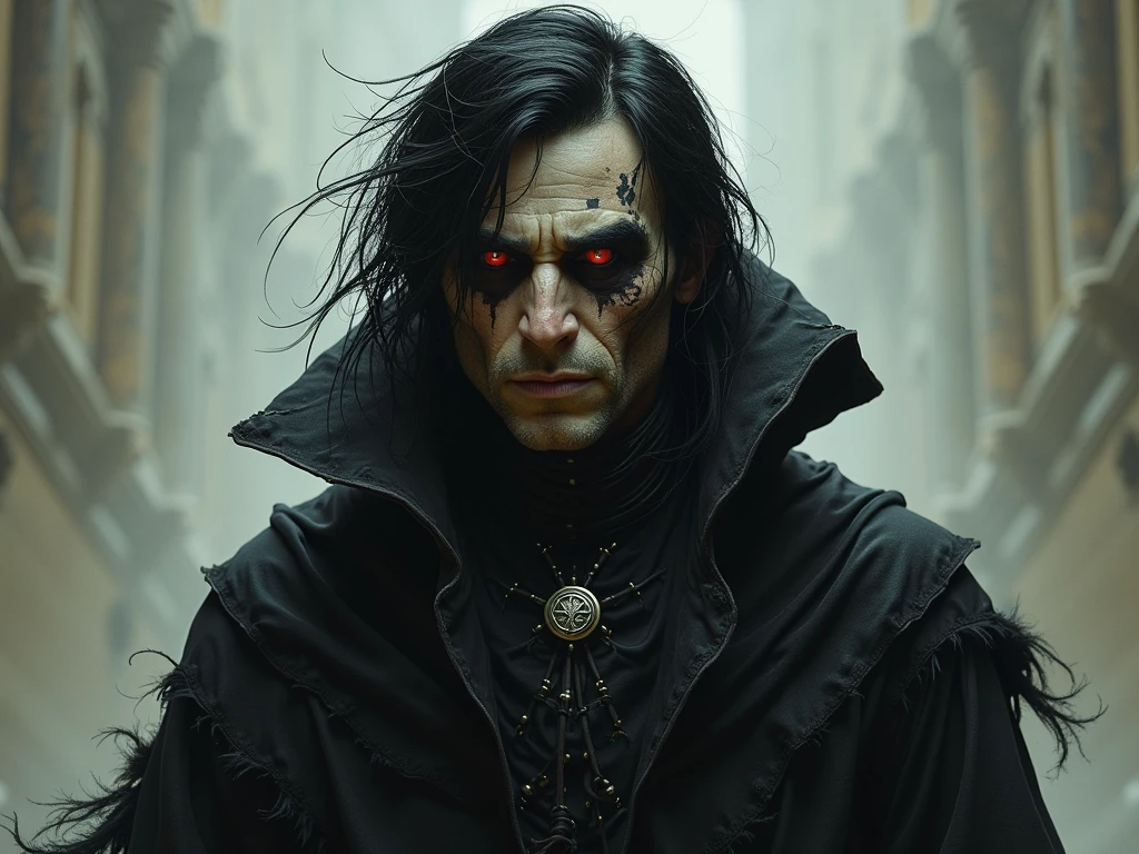 Physical Characteristics

Hair: Long, disheveled black
Eye Color: Dark red, almost black
Height: 6'3"
Skin: Pale, scarred
Facial Features: Angular, cruel
Age: Appears 35, but seemingly immortal

Personality

Personality: Ambitious, manipulative, cruel, power-hungry
Intelligence: Cunning, strategic
Virtues: None
Fears: Loss of control, failure

Background and Status

Leader of Zorvath's cultists
Magical powers: Shadow control, teleportation, mind manipulation
Skills: Dark magic, hand-to-hand combat, strategy

Style

Tattered black robes
Black hooded cloak
Silver ring with Zorvath's symbol
Style: Dark, intimidating

History

Malakai, once a Zorvath priest, became obsessed with power. He traded his soul for magical abilities, now seeking global conquest for Zorvath.