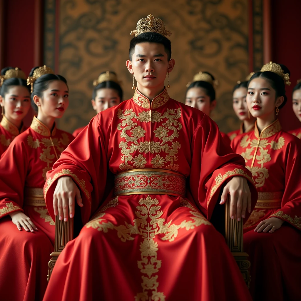 a fiery king in a royal suit with a fiery phoenix and in his hands and in the other a spear sitting on a throne