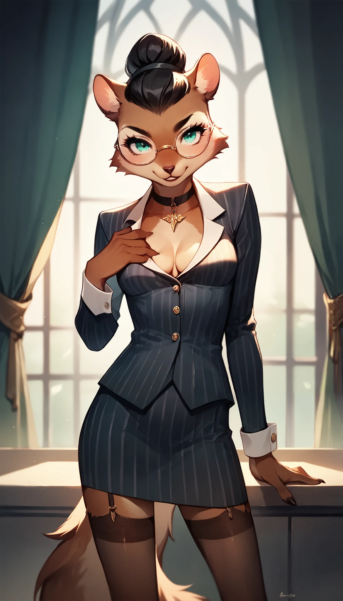 score_9, score_8_up, score_7_up, score_6_up, score_5_up, score_4_up, (solo), female anthro squirrel, mafia suit, secretary outfit, garter belt tights, striped dress, lusty, glasses, fluffy body, black hair, turquoise eyes, (offering the breasts) sex partial clothes, (cleavage) semi-butonned uniform, (barely_visible_booba) (she is standing), small breasts, front view