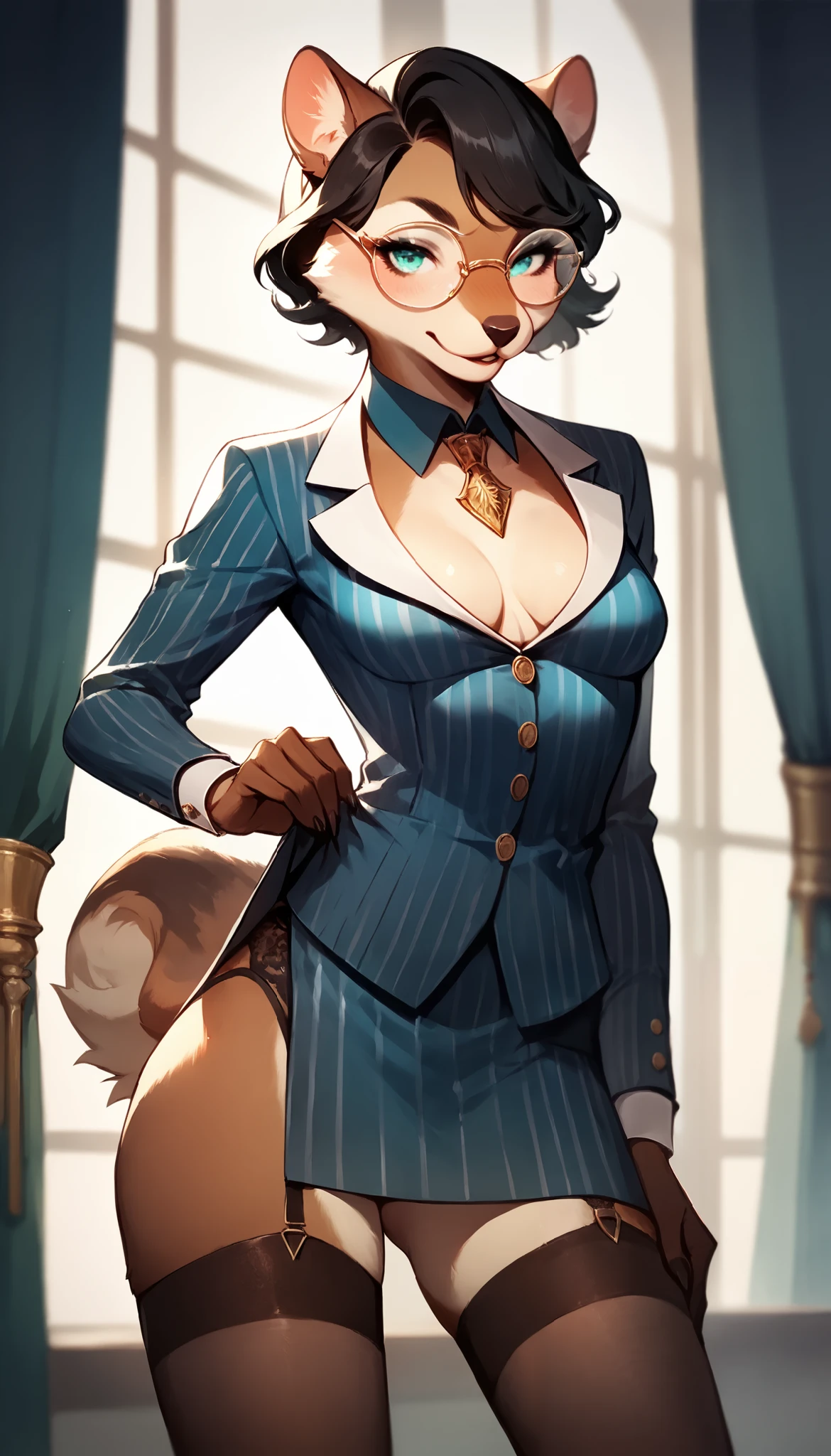 score_9, score_8_up, score_7_up, score_6_up, score_5_up, score_4_up, (solo), female anthro squirrel, mafia suit, secretary outfit, garter belt tights, striped dress, lusty, glasses, fluffy body, black hair, turquoise eyes, (offering the breasts) sex partial clothes, (cleavage) semi-butonned uniform, (barely_visible_booba) (she is standing), small breasts, front view