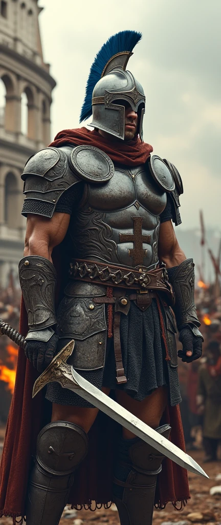 A white man in his 30s, wearing RPG game warrior-style clothing and a helmet that covers his entire face. The helmet is silver,
The helmet is circular in shape and has a thick cross-shaped band on the front of the face centered around the eyes. Only the eyes have eye-shaped holes so they can see.
The brown collar is thick and high around the neck.
Silver armor covers the chest area, but the abdominal muscles are exposed. The shoulders are also armor-style with bare skin exposed, and the shoulders are without any protective gear, showing large muscles.
There are silver round buttons on both sides of the shoulder bones, and they are fastened to these buttons, so that the cloak is connected behind the shoulders.
There is a large, subtle gold decoration in the center of the chest armor. It is a simple and heavy decoration in the medieval style.
On his hands, he wears very large, sturdy-looking armored armor.
A solemn pose with a sword on his shoulder,