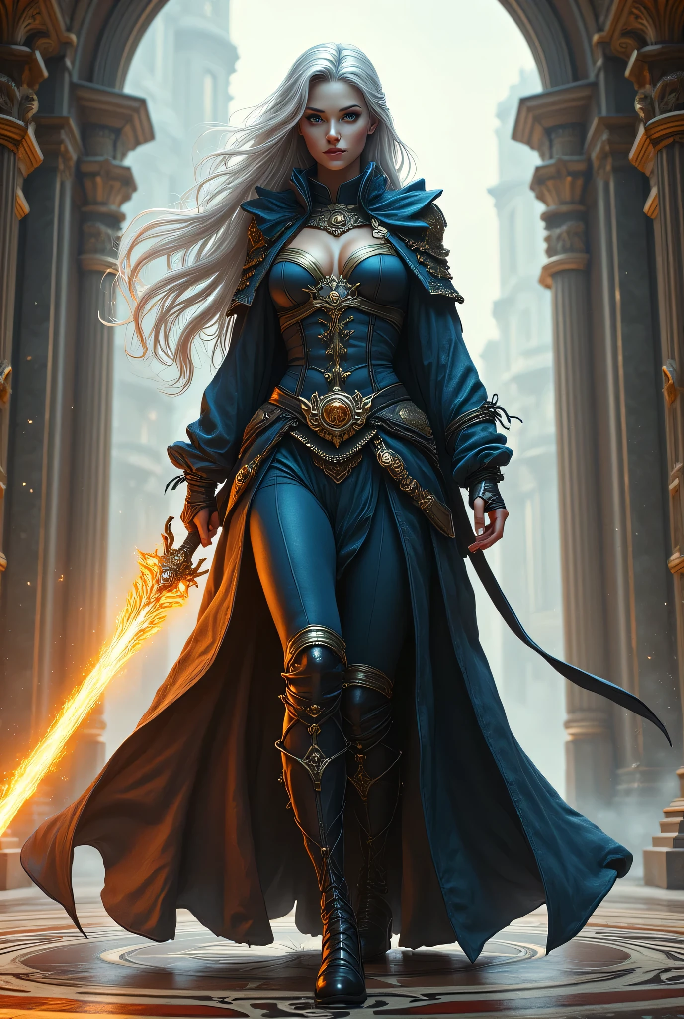 fantasy art, dnd art, RPG art, wide shot, (masterpiece: 1.4) a (portrait: 1.3) intense details, highly detailed, photorealistic, best quality, highres, portrait a female (fantasy art, Masterpiece, best quality: 1.3) ((blue skin: 1.5)), intense details facial details, exquisite beauty, (fantasy art, Masterpiece, best quality) cleric, ((cobalt blue skin: 1.5)) female, (silver hair: 1.5)), long hair, (((no ears: 1.5))), (green eyes: 1.3), armed with a fiery sword red fire, wearing (twilight priestly combat vestments: 1.5), wearing high heeled laced boots, wearing an (orange cloak:1.3), wearing glowing sun holy symbol  fantasy temple background, reflection light, high details, best quality, 16k, [ultra detailed], masterpiece, best quality, (extremely detailed), close up, ultra wide shot, photorealistic, RAW, fantasy art, dnd art, fantasy art, realistic art,((best quality)), ((masterpiece)), (detailed), perfect face, Cinematic Hollywood Film style, hyp3rd3tail style