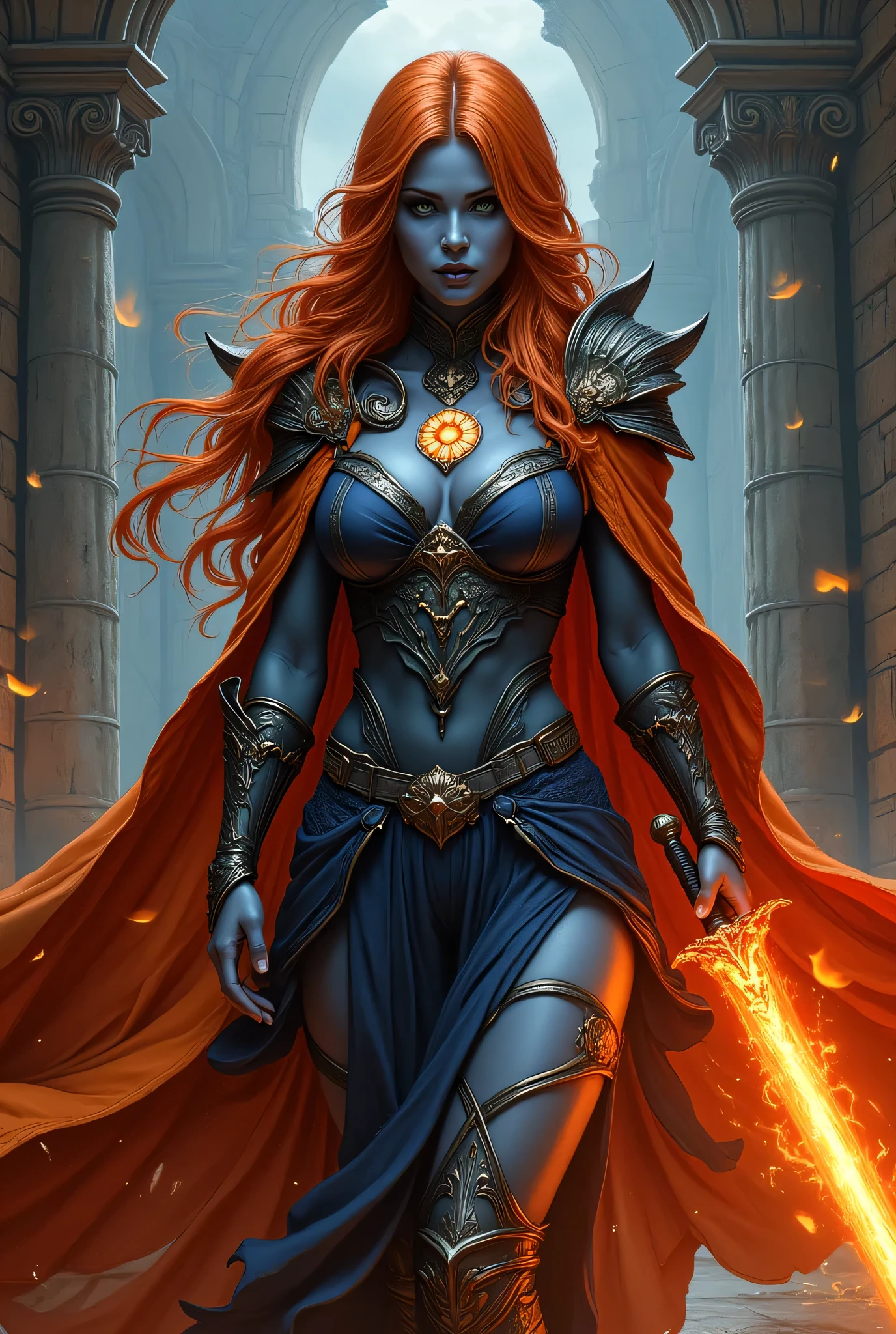 fantasy art, dnd art, RPG art, wide shot, (masterpiece: 1.4) a (portrait: 1.3) intense details, highly detailed, photorealistic, best quality, highres, portrait a female (fantasy art, Masterpiece, best quality: 1.3) ((blue skin: 1.5)), intense details facial details, exquisite beauty, (fantasy art, Masterpiece, best quality) cleric, ((cobalt blue skin: 1.5)) female, (orange hair: 1.5)), long hair, (((no ears: 1.5))), (green eyes: 1.3), armed with a fiery sword red fire, wearing (twilight priestly combat vestments: 1.5), wearing high heeled laced boots, wearing an (orange cloak:1.3), wearing glowing sun holy symbol  fantasy temple background, reflection light, high details, best quality, 16k, [ultra detailed], masterpiece, best quality, (extremely detailed), close up, ultra wide shot, photorealistic, RAW, fantasy art, dnd art, fantasy art, realistic art,((best quality)), ((masterpiece)), (detailed), perfect face, Cinematic Hollywood Film style, hyp3rd3tail style