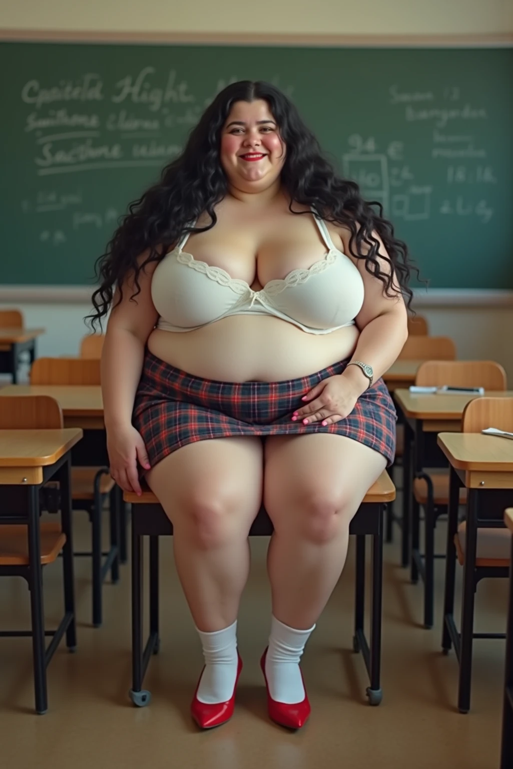 fat chubby indian teacher standing in school , big boobies , long curly hair pony tail , red lips , photorealistic , HD Quality , Hasselblad photography , ARRI Photography , ultra sharp photo , perfect picture , fine details , HQ ,