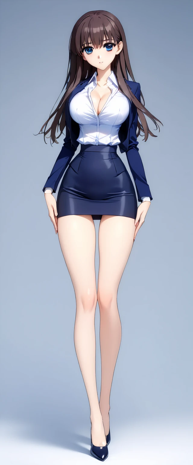 Megumi Kato,  1 girl , Alone, bangs,  brown hair, (((Female lawyer, ( formal suit micro mini skirt that shows only a little bit of crotch,  High Waist Micro Mini Pencil Skirt ,  white shirt,  strict navy blue jacket),Big Breasts、 cleavage、Thin legs)))、 perfect body,  Anime Virtual YouTuber Full Body Model, ((Full body of a single character,  standing in a splendid posture , short!,  full body shot超詳細))、 skinny, Alone, 1 female,   Masterpiece ,   best quality ,   best quality , 16k,  Incredibly Ridiculous,  high definition, 2.5D, AI-generated, Delicate and dynamic,  Very delicate facial expression,  delicate eye depiction,  Erotic , only  sexy woman, ((A cute and kind face)),((((Beautifully detailed eyes、 beautiful detailed eyes))))、 Healthy body shape, ((25-year-old woman)), Height: 170cm,  Moderately Firm Swaying Bust , sexy, (( Thin Thighs )),,  shiny, 視聴者にfrontを向いている, smile, ((Oily_skin)), (((( full body shot、 middle hair )))),  Erotic  pose,  fashion model posing with faded gray hair,   fashion model style DJ, (((micro mini length pencilskirt、front、You can fully see your thighs 、Very thin thighs、Long beautiful legs、痩せていてBig Breasts、 Navy Blue Flawless Micro Mini Pencil Skirt)))、whole body、entire body、full body、total body、((((CowboysHot、downwards、from front、 simple background))))、((Fashion Show Pose ))