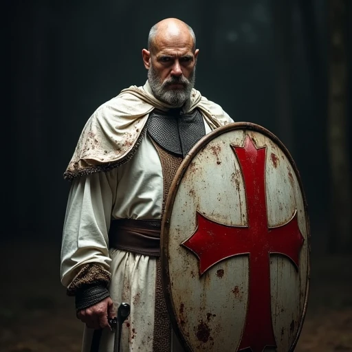 Templar standing , with sword in hand, look straight ahead, dark night, He is 55 years old, He is bald and has a beard ,  uniform white,  white and round shield the red cross of the Templar .
 After a battle blood on clothes and shield.