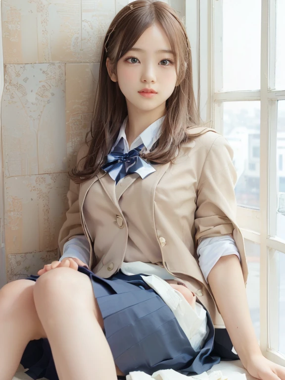 top-quality,ultra - detailed,tmasterpiece,hentail realism,Photorare,Bright lighting,1 girl in, Camera color temperature 3800k、an extremely beautiful 17-year-old girl, (kawaii:1.6),Thin smile, (Brown eyes),(dark brown hair),(By bangs),perfect glossy shiny skins,flawless skin,((erotick,Sexy and sexually explicit)),((Exact pointers,No discomfort)), large full breasts,big breasts thin waist, looking at viewert,((Blazer Uniform)),((Long sleeve uniform white shirt)),(Navy blue tie),((Navy blue miniskirt、No slit)),(((Skirt lift with their own hands))),(lifted by self),(She shows her panties.),lace and black panties,Panty Focus,(Stand with your feet together)), sockes, (Black socks),(Loafer shoes), In the daytime,Station platform、((White trench coat))