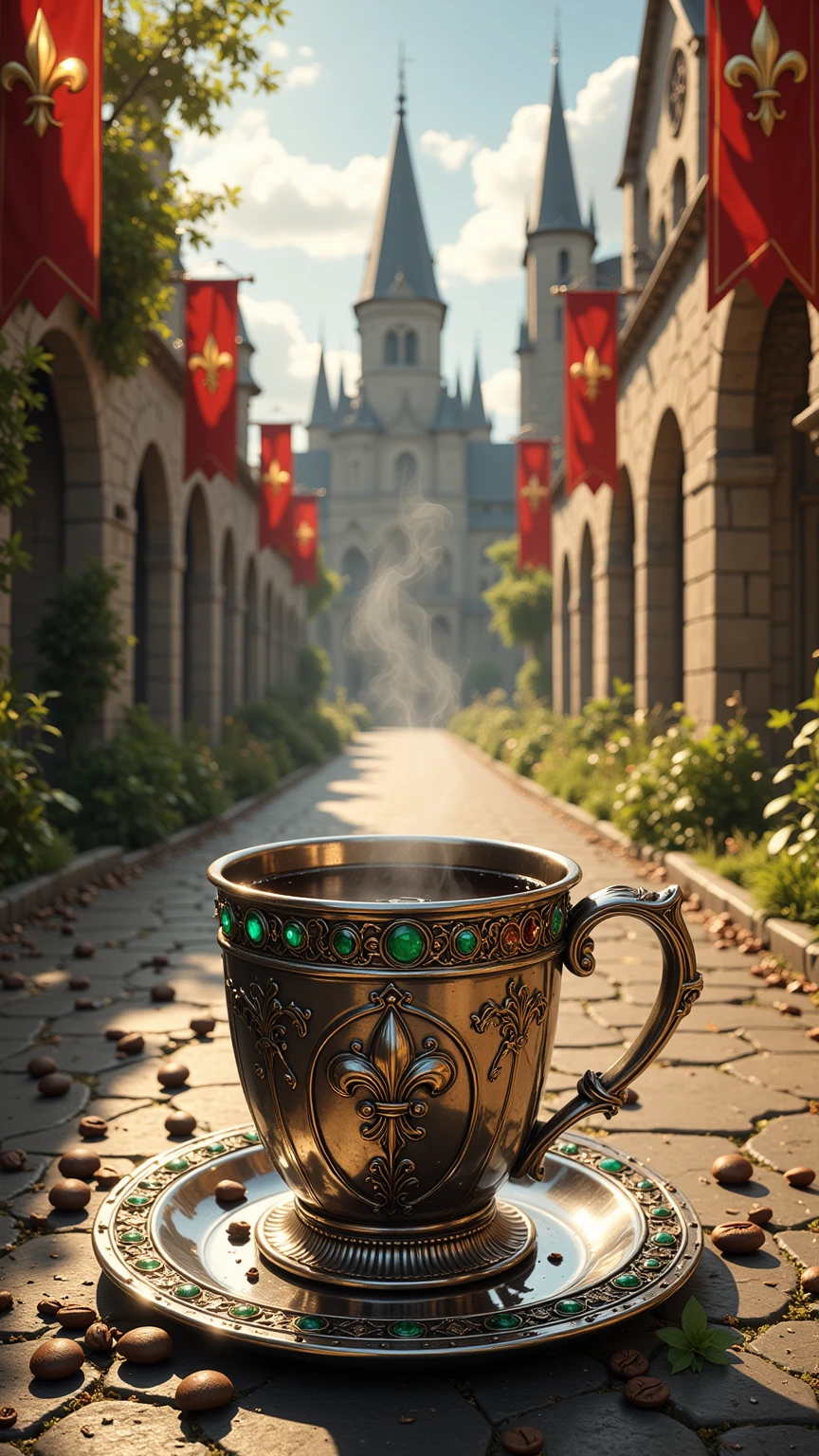 Realistic illustration for advertising ,  1 very short and low coffee mug made of polished silver ,  in the center of the coffee mug engraved with three-dimensional lily patterns ,  The area around the lily pattern is a medieval Gothic art motif. , . The upper glass rim is adorned with glowing green emeralds arranged in an orderly horizontal , . Inside the coffee mug there is a glossy black hot Americano coffee cup. ,  There is coffee smoke billowing out of the coffee mug elegantly but still looking natural. ,  The view of the image clearly shows the hot Americano coffee water inside the coffee cup , The coffee cup holder ear is on the right hand ,  coffee cups are placed on coffee coasters made of polished silver ,  coffee coasters engraved with medieval Gothic art motifs ,  The area around the coffee cup contains the same size of complete coffee beans, placed together naturally inside the coffee saucer., . Small ivy branches lay on a coffee saucer naturally ,  The area around the coffee saucer contains complete coffee beans of the same size in large numbers, placed together naturally on top. Road floor,  coffee cups and The coffee saucer is set on a medieval gravel-paved road in the lower center position of the image ,  The medieval gravel-paved road is a path connected from the central position of the , The background is Hohenzollern Castle  + Sofia Cathedral of Gothic that blends harmoniously with a medieval-style flower garden ,  side backdrop. On the left and right are trees and flowers representing the Middle Ages lined up to the background of the image.,  should be checked. The area next to the street is decorated with banners with family insignia and red-gold flags, Fleur-de-lis motifs, hanging periodically.,  Details of the architecture behind can be seen in detail and clearly through the view seen from the front. , The midday sunlight shines through the stained glass  (stained glass)  from the cathedral and cause colored light reflected to all corners of the image. , . The atmosphere of the picture is bright cheerful noon. 