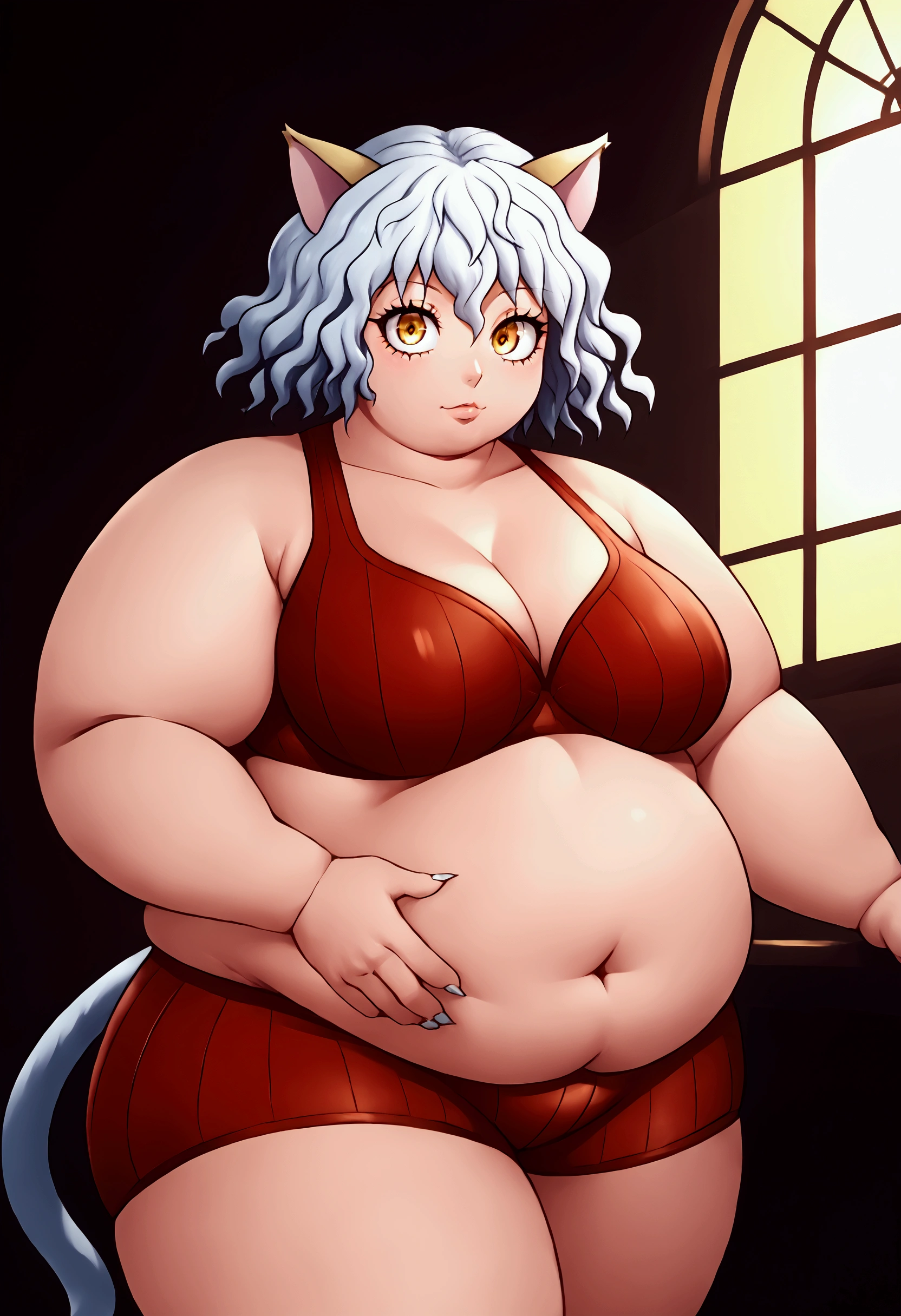 neferpitou, neferpitou, short hair, (golden eyes :1.5), animal ears, hair between the eyes, tail, white hair, cat ears, cat tail, cat girl, curly hair, peitos grandes to break long sleeves, shorts,short red , short and tight shorts short and tight sleeveless bra red bra, to break looking at viewer, to break indoors, academia (cowboy shot:1.5), to break (masterpiece:1.2), best quality, alta resolución, unity 8k wallpaper, (Illustration:0.8), (beautiful detailed eyes:1.6), extremely detailed face, perfect lighting, extremely detailed CG, (perfect hands, perfect anatomy), hunter  x  hunter, fat, chubby, obese