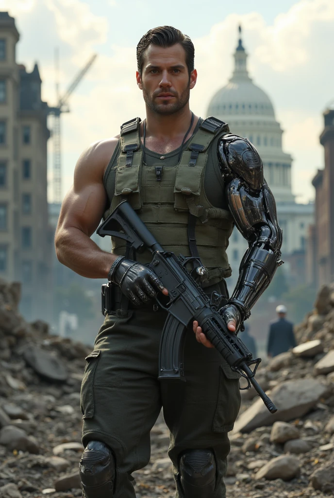 full body shot of a muscular attractive h3nr4, Henry Cavil with Short stubble, a biomechanical android with a modernised Kalashnikov assault rifle against the backdrop of the destroyed Capitol. 