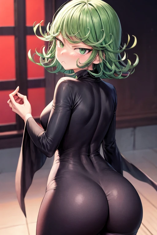 kuroda kazuya, score_7_up, source_anime, very aesthetic, absurdres, rating explicit, 1girl, solo, looking at viewer, blush, cowboy shot, medium breasts, tatsumaki, green hair, green eyes, black dress, short hair, curly hair, ass, bare shoulders, between buttocks, from behind, looking back, thighs, thick thighs