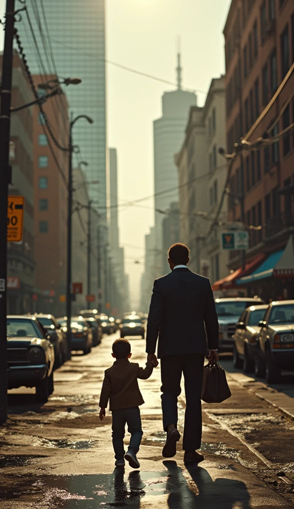A poor boy and a rich urban dressed young man holding hands with their backs turned in a realistic city
