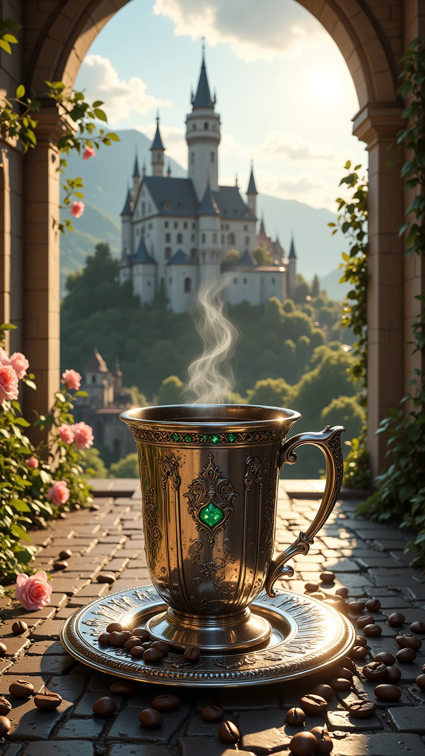 Realistic illustration for advertising ,  1 very short and low coffee mug made of polished silver ,  in the center of the coffee mug engraved with three-dimensional lily patterns ,  The area around the lily pattern is a medieval Gothic art motif. , . The rim of the top glass is adorned with luminous green emeralds arranged in an orderly manner horizontally. , . Inside the coffee mug there is a glossy black hot Americano coffee cup. ,  There is coffee smoke billowing out of the coffee mug elegantly but still looking natural. ,  The view of the image clearly shows the hot Americano coffee water inside the coffee cup , The coffee cup holder ear is on the right hand ,  coffee cups are placed on coffee coasters made of polished silver ,  coffee coasters engraved with medieval Gothic art motifs ,  area. Around the coffee mug there are whole coffee beans of the same size, placed together naturally inside the saucer. Coffee Mug, . Small ivy branches lay on a coffee saucer naturally , . The area around the coffee saucer contains complete coffee beans of the same size in large numbers, placed together naturally on the street floor.,  The coffee mug and coffee saucer stand on a medieval gravel-paved road in the lower center position of the image ,  The medieval gravel-paved road is a path connected from the central position of the , ฉากหลังคือ Hohenzollern Castle ที่อยู่บนภูเขาสูงและท่ามกลางสวนflowerสไตล์ยุคกลาง, The left and right sides have architecture , tree, flower,  and other elements where Represents medievalism lined up to the background of the image ,  should be checked. The area next to the street is decorated with banners with family insignia and red-gold flags, Fleur-de-lis motifs, hanging periodically., , the details of the architecture behind can be seen in detail and clearly through the perspective seen from the front. ,. In the sky, clouds and large daylight hours are devoted. , The midday sunlight shines through the stained glass  (Stained Glass)  from the cathedral and cause colored light reflected to all corners of the image. ,  The overall atmosphere of the picture is bright cheerful noon time. 