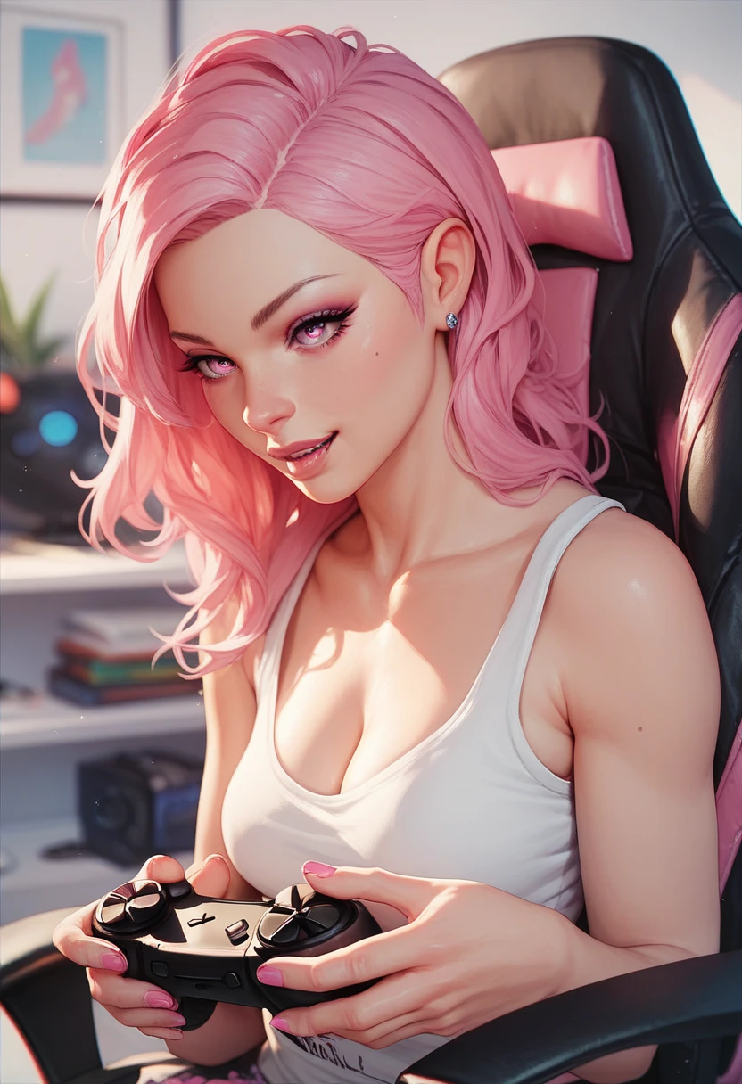 Teenage bunny girl dirty room at night, retro old pink bed, bras, panties, underwear scattered,OPEN MOUTH, TONGUE OUT, EYE CLOSED PlayStation 5 and controller, PC and monitor, bunny art on display monitor, window, pink and blue light entering the room, junk food, cup noodle and DRINK jars and cans are scattered, trash cans are overflowing. The walls are bare with cables and wiring, only the appliances are futuristic, sparkling dust is flying around the room, night, HD, 8K, masterpiece, real texture.