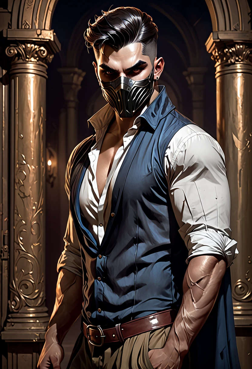 in the style of Charlie Bowater, vampire, man with a mask covering the left half of his face. beefy guy, short stature, old shirt, thick arms, muscular, little hair, abandoned opera house 