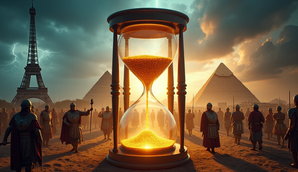 Imagine a vast desert where time itself seems to stand still. The sky above shifts between deep gold and dusky pink, like the sands of a celestial hourglass slowly pouring. In the distance, colossal statues of forgotten gods rise from the dunes, their surfaces etched with ancient symbols that glow faintly in the twilight. The ground is covered in a fine, shimmering sand that moves in slow, undulating waves, as if breathing. Massive, transparent pillars of glass spiral upward from the sand, each containing suspended particles of time that drift in slow motion, creating a mesmerizing dance of light and shadow across the landscape.