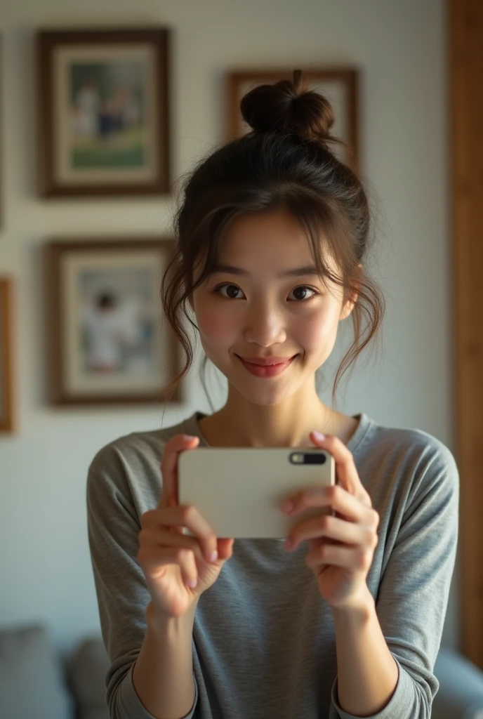 Small Breasts,
A woman is taking a selfie. Her hair is in a bun and she is wearing a gray shirt. There are three picture frames hanging on the wall behind her.