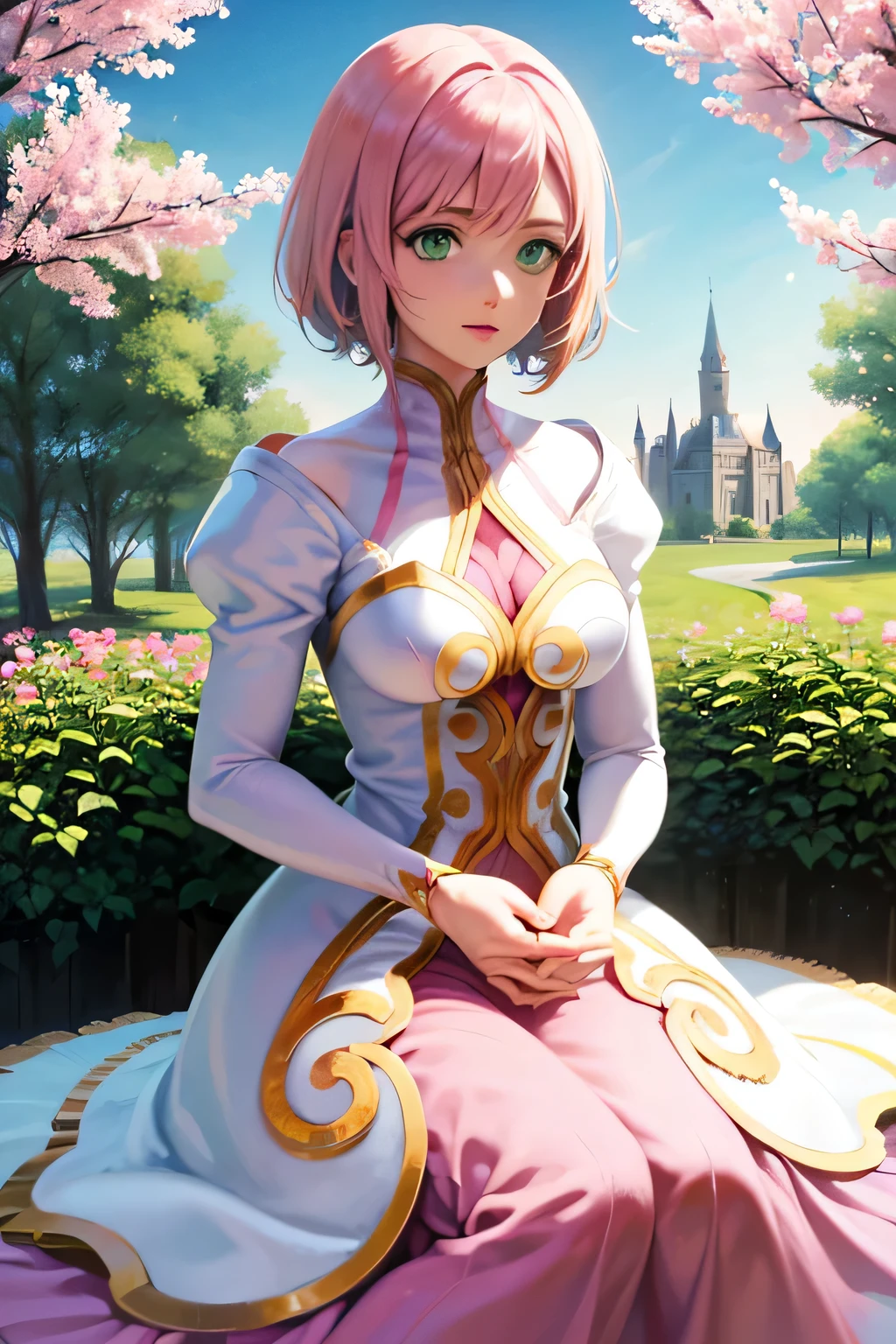  perfect anatomy 　 best quality, highest resolution,(((White shiny dress　 green eyes　 pink hair　small breasts)))　Estellise　[blurry]　16k　Castle