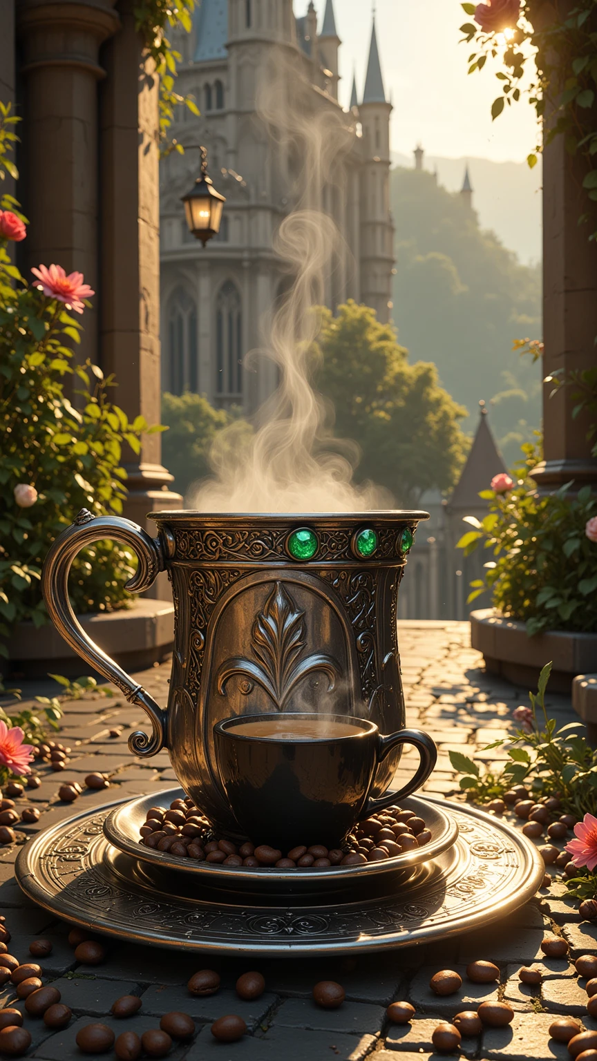 Realistic illustration for advertising ,  1 very short and very low coffee mug made of polished silver ,  in the center of the coffee mug engraved with three-dimensional lily patterns ,  The area around the lily pattern is a medieval Gothic art motif. , . The rim of the top glass is adorned with luminous green emeralds arranged in an orderly manner horizontally. , . Inside the coffee mug there is a glossy black hot Americano coffee cup. ,  There is coffee smoke billowing out of the coffee mug elegantly but still looking natural. ,  The view of the image clearly shows the hot Americano coffee water inside the coffee cup , The coffee cup holder ear is on the right hand ,  coffee cups are placed on coffee coasters made of polished silver ,  coffee coasters engraved with medieval Gothic art motifs , . The area around the coffee cup contains complete coffee beans of the same size, placed together. Gathers naturally inside the coffee saucer, . Small ivy branches lay on a coffee saucer naturally ,  The area around the coffee saucer contains complete coffee beans of the same size in large numbers, placed together naturally on top. Road floor,  The coffee mug and coffee saucer stand on a medieval gravel-paved road in the lower center position of the image ,  The medieval gravel-paved road is a path connected from the central position of the ,  The background is Hohenzollern Castle, located on high mountains and in the middle of a medieval-style flower garden , The left and right sides have architecture , tree, Brightly colored flowers ,  and other elements where Represents medievalism lined up to the background of the image ,  should be checked. The area next to the street is decorated with banners with family insignia and red-gold flags, Fleur-de-lis motifs, hanging periodically.,  Details of the architecture behind can be seen in detail and clearly through the view seen from the front. ,. In the sky, clouds and large daylight hours are devoted. , The midday sunlight shines through the stained glass  (Stained Glass)  from the cathedral and cause colored light reflected to all corners of the image. ,  The overall atmosphere of the picture is bright cheerful noon time. 